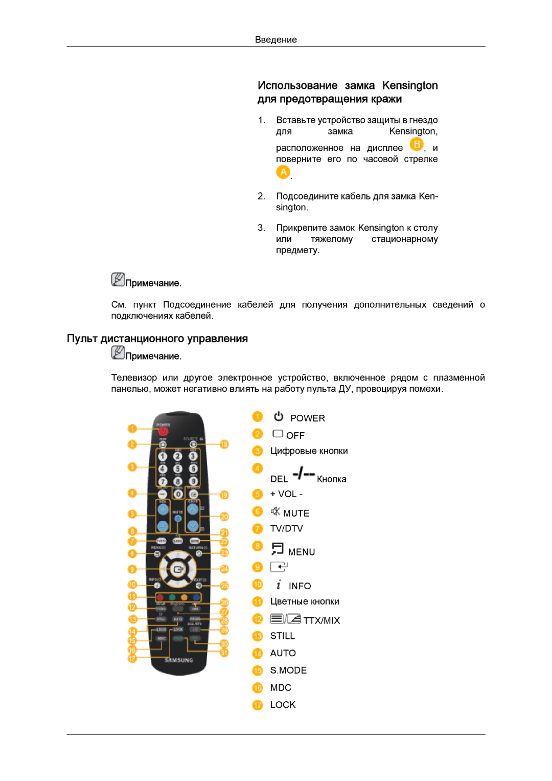 Samsung PH50KPPLBF/EN manual Пульт дистанционного управления, Использование замка Kensington для предотвращения кражи 