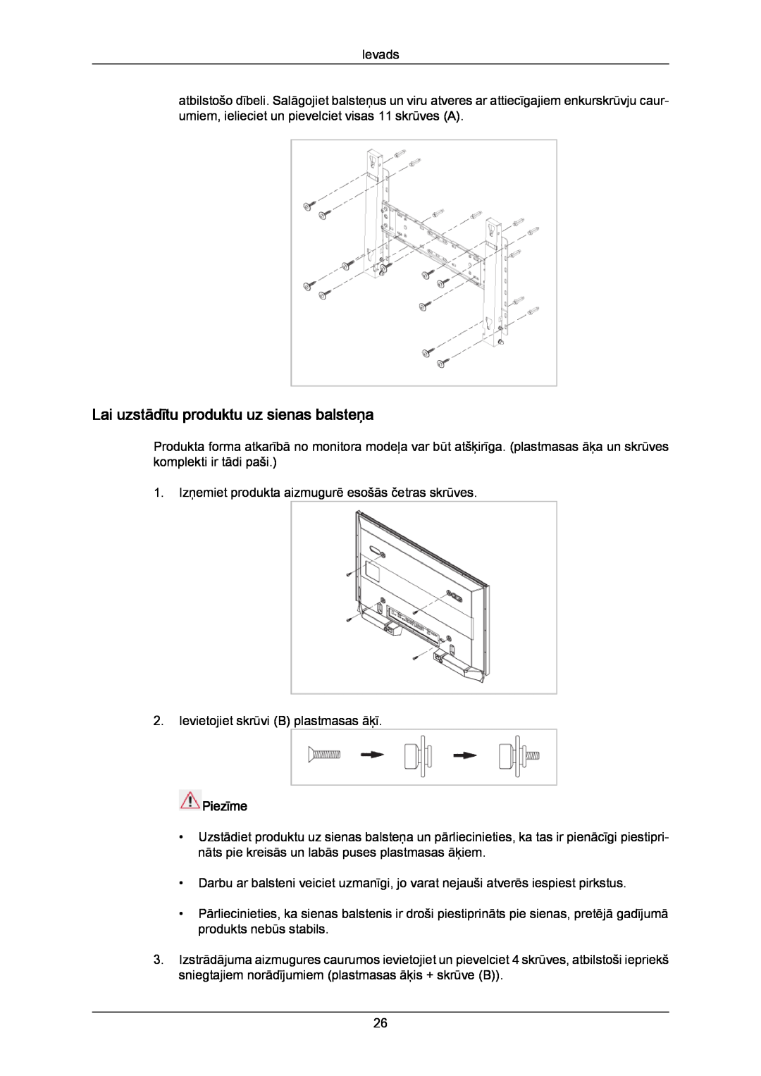 Samsung PH50KPPLBF/EN, PH63KPFLBF/EN manual Lai uzstādītu produktu uz sienas balsteņa, Piezīme 