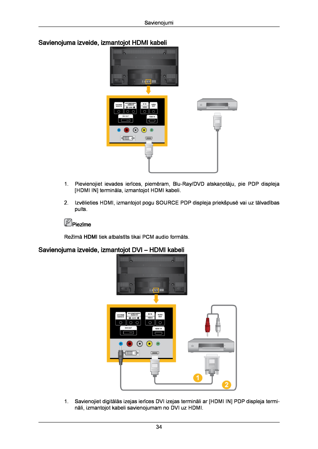 Samsung PH50KPPLBF/EN manual Savienojuma izveide, izmantojot HDMI kabeli, Savienojuma izveide, izmantojot DVI - HDMI kabeli 