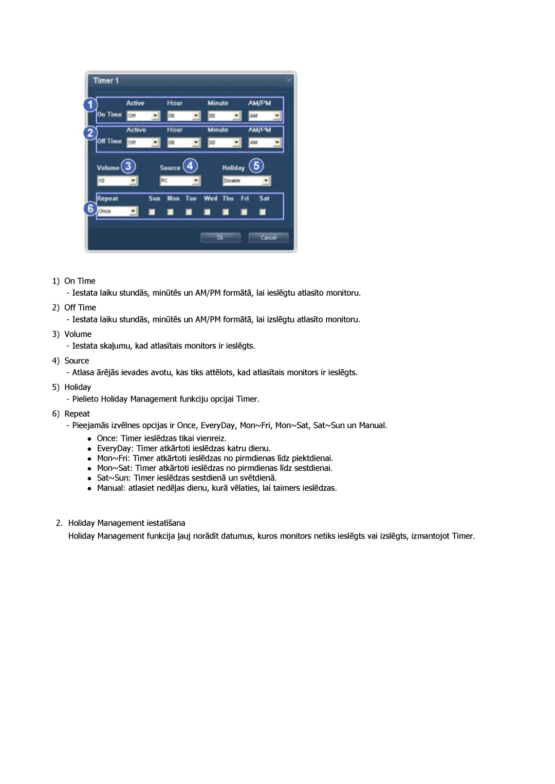 Samsung PH50KPPLBF/EN manual On Time, Off Time, Volume Iestata skaļumu, kad atlasītais monitors ir ieslēgts, Source 