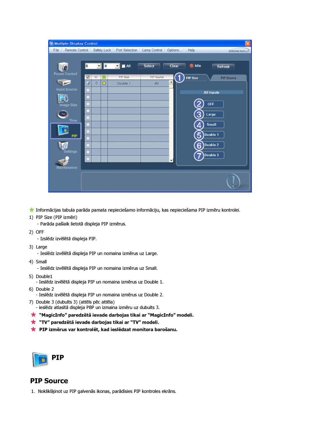 Samsung PH50KPPLBF/EN, PH63KPFLBF/EN manual PIP PIP Source, PIP izmērus var kontrolēt, kad ieslēdzat monitora barošanu 
