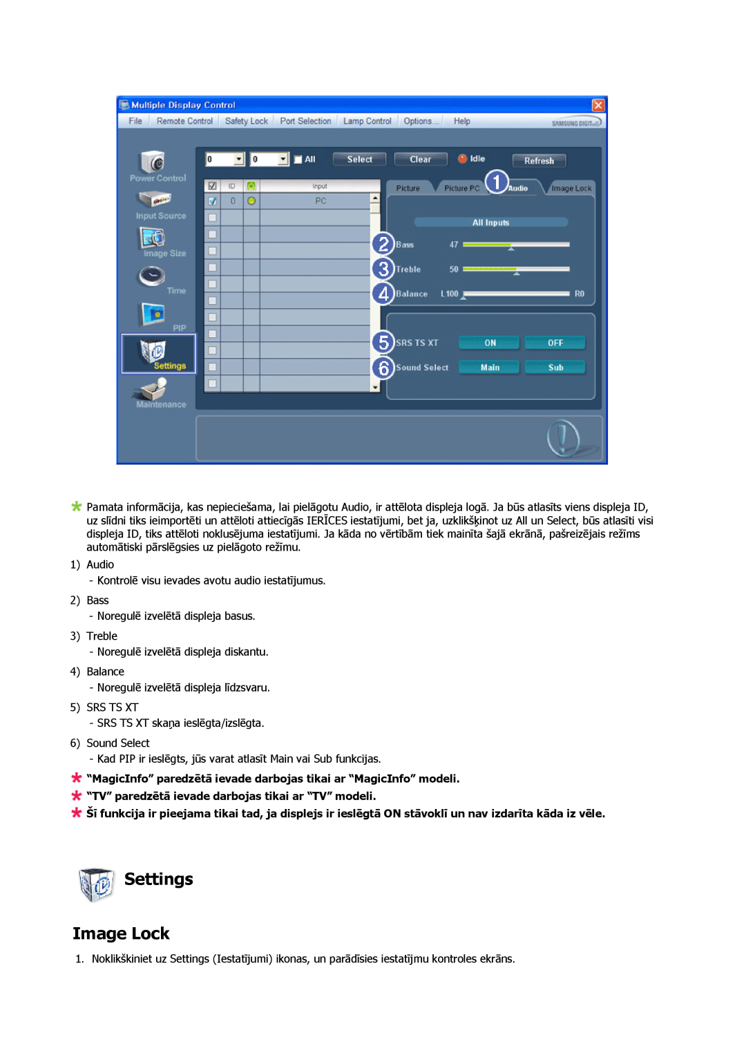 Samsung PH63KPFLBF/EN manual Settings Image Lock, “MagicInfo” paredzētā ievade darbojas tikai ar “MagicInfo” modeli 