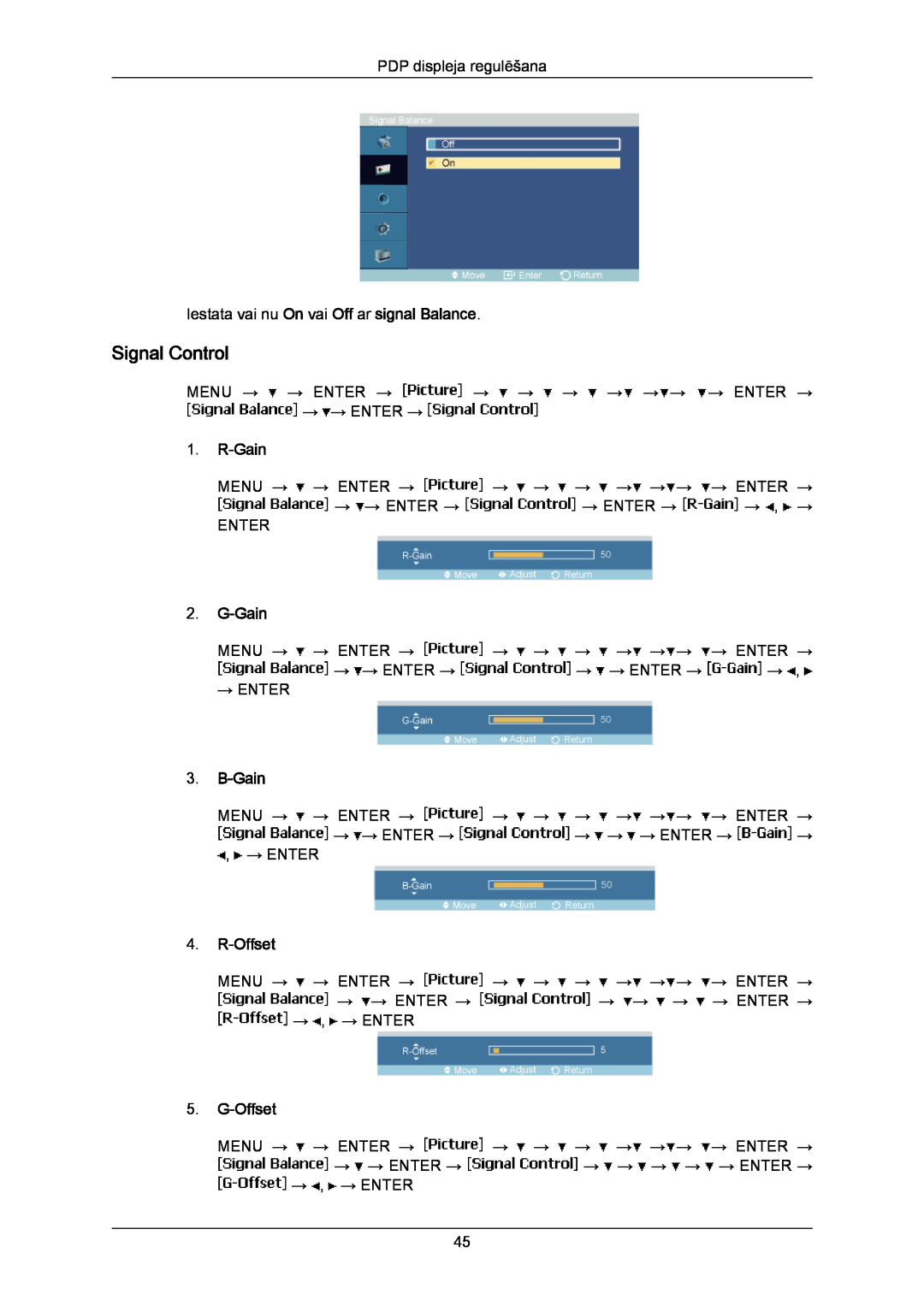Samsung PH50KPPLBF/EN, PH63KPFLBF/EN manual Signal Control, 1. R‐Gain, 2. G‐Gain, 3. B‐Gain, 4. R‐Offset, 5. G‐Offset 