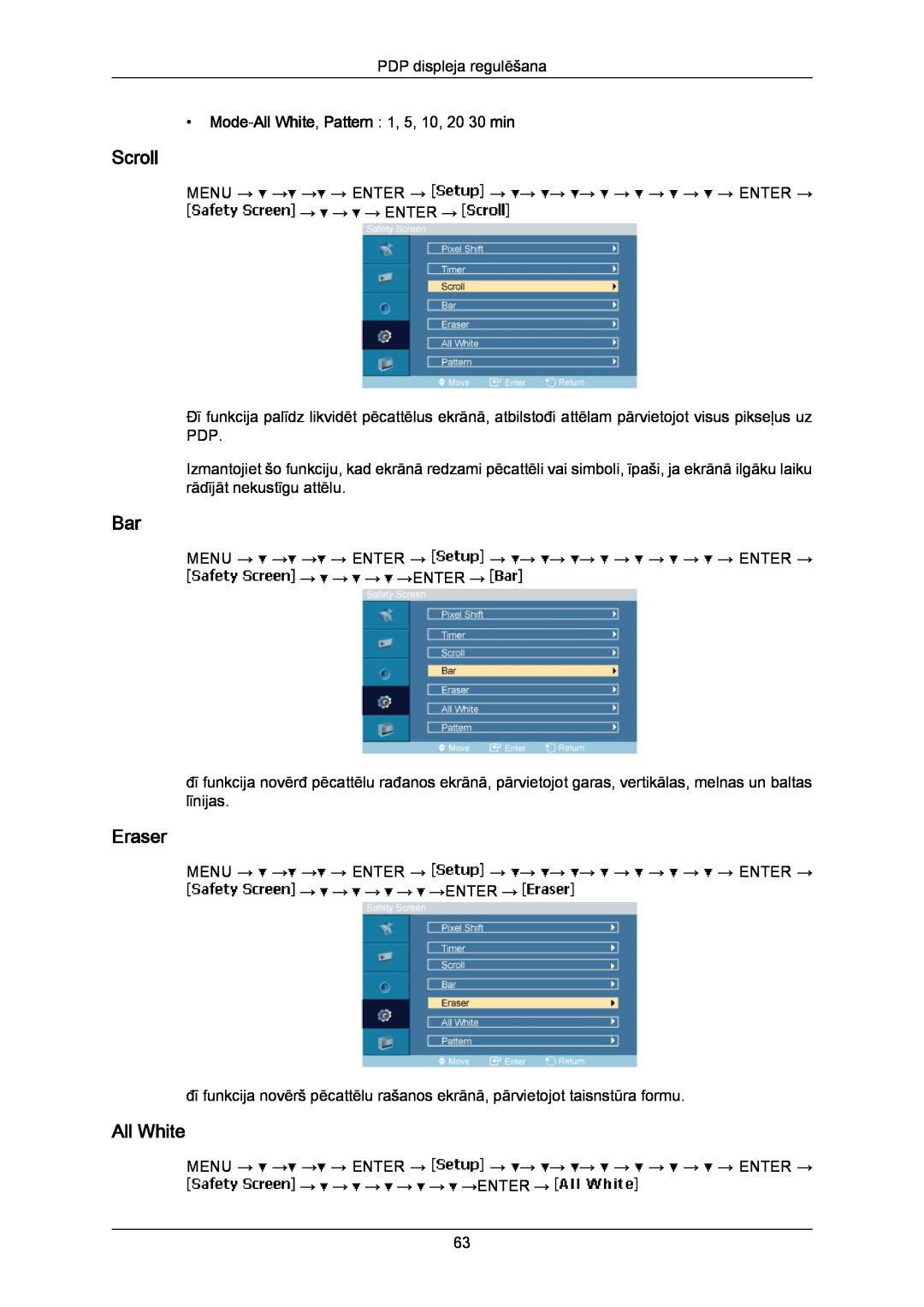 Samsung PH50KPPLBF/EN, PH63KPFLBF/EN manual Scroll, Eraser, Mode‐All White, Pattern 1, 5, 10, 20 30 min 