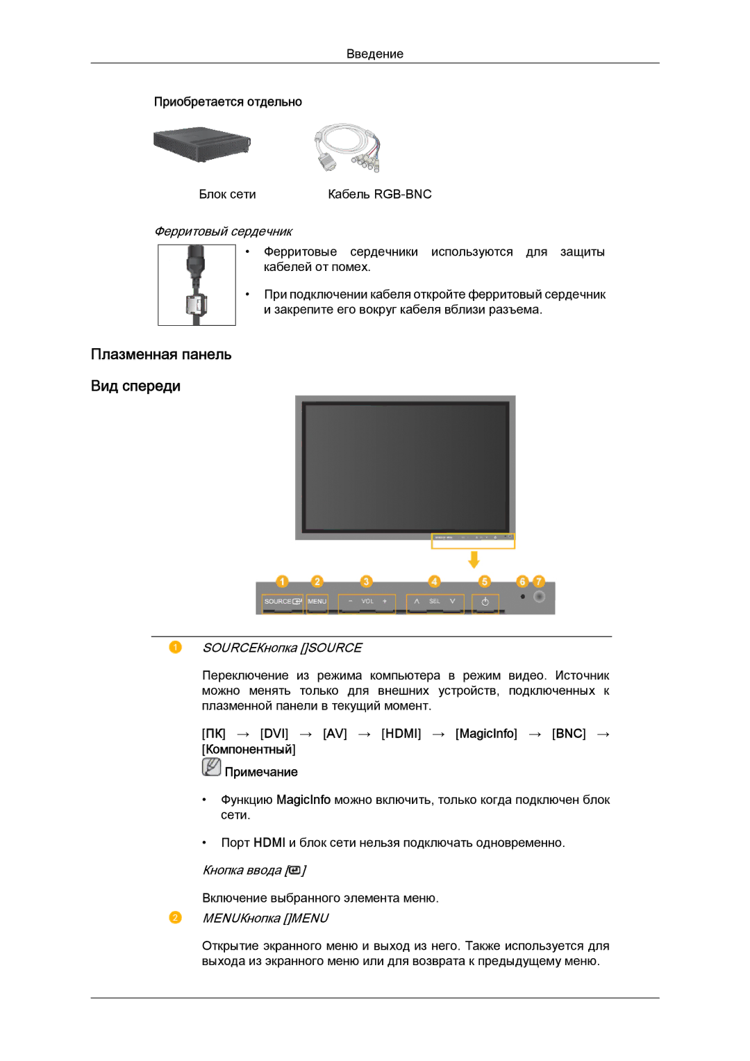 Samsung PH63KPFLBF/EN manual Ферритовый сердечник, SOURCEКнопка Source, Кнопка ввода, MENUКнопка Menu 