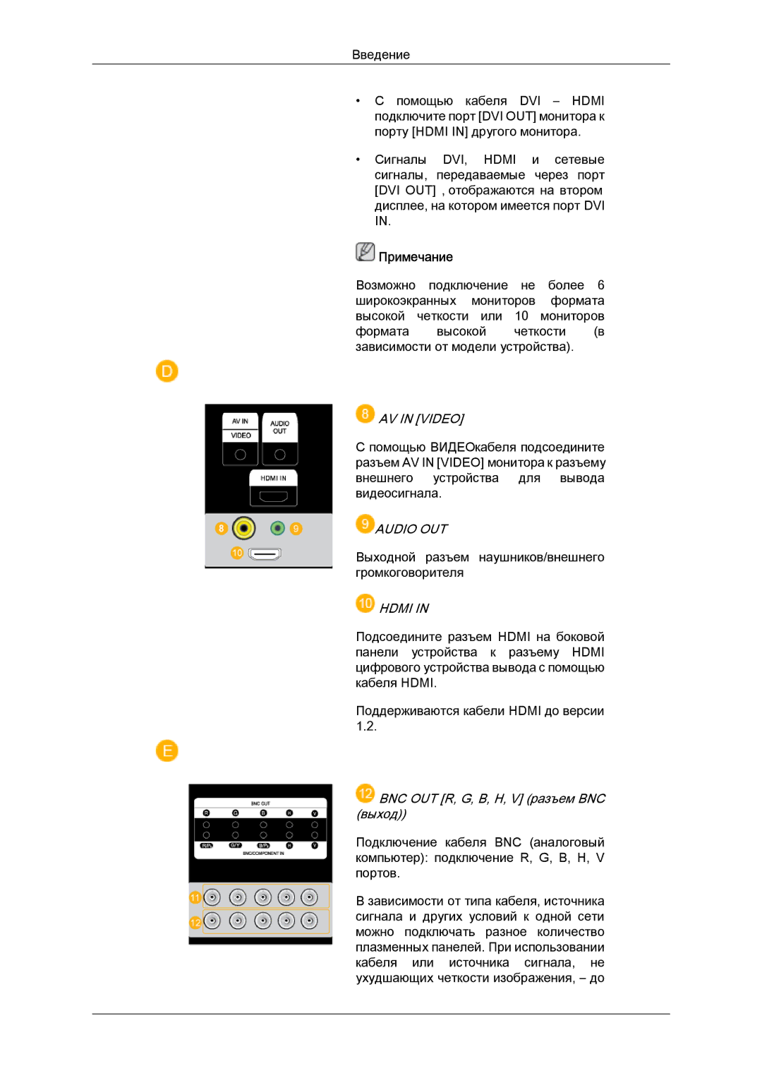 Samsung PH63KPFLBF/EN manual AV in Video, BNC OUT R, G, B, H, V разъем BNC выход 