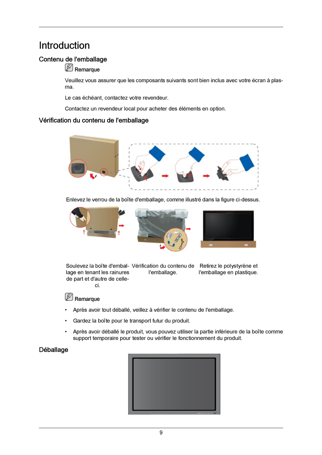 Samsung PH63KRFLBX/EN, PH63KPFLBF/EN, PH50KRPLBF/EN Contenu de lemballage, Vérification du contenu de lemballage, Déballage 