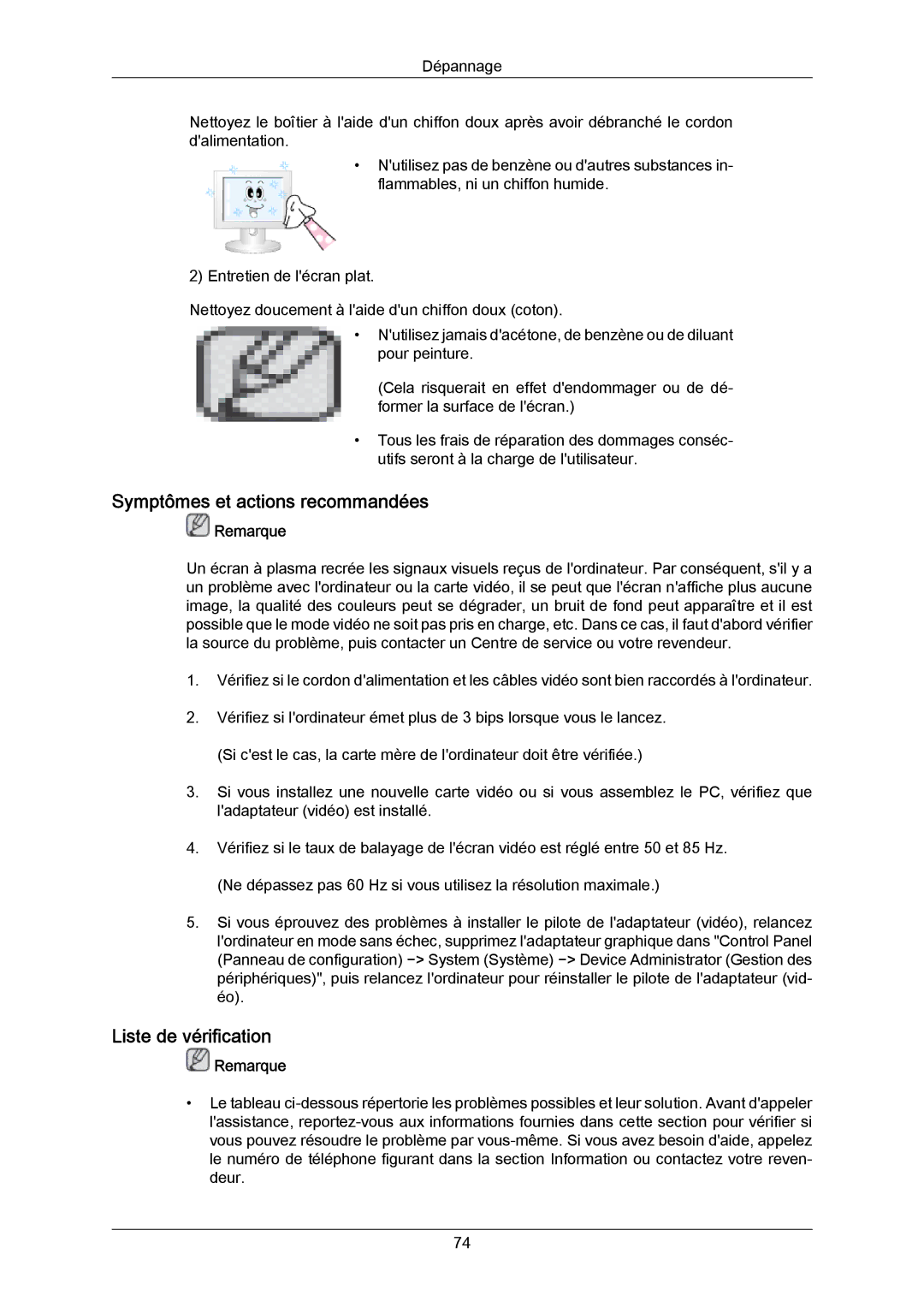 Samsung PH63KPFLBF/EN, PH63KRFLBX/EN, PH50KRPLBF/EN, PH50KPPLBF/EN Symptômes et actions recommandées, Liste de vérification 