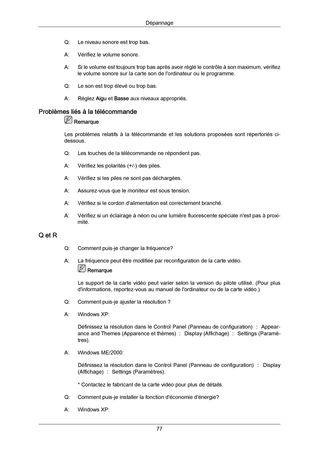 Samsung PH63KRFLBF/EN, PH63KRFLBX/EN, PH63KPFLBF/EN, PH50KRPLBF/EN, PH50KPPLBF/EN manual Problèmes liés à la télécommande, Et R 