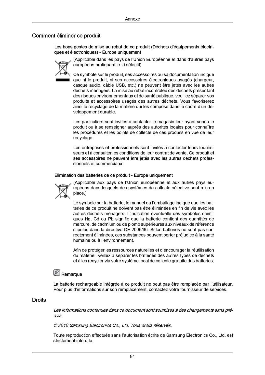 Samsung PH50KPPLBF/EN manual Comment éliminer ce produit, Droits, Elimination des batteries de ce produit Europe uniquement 