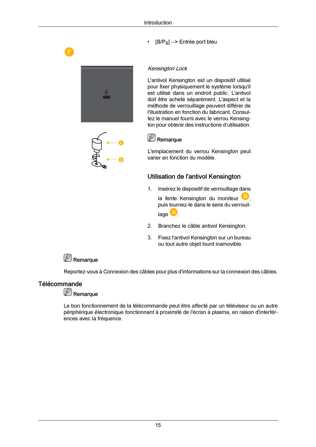 Samsung PH63KPFLBF/EN, PH63KRFLBX/EN, PH50KRPLBF/EN, PH50KPPLBF/EN manual Utilisation de lantivol Kensington, Télécommande 