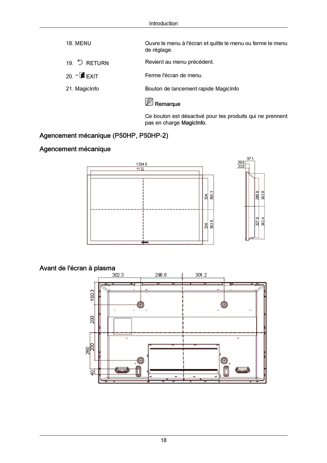 Samsung PH63KRFLBF/EN, PH63KRFLBX/EN, PH63KPFLBF/EN manual Agencement mécanique P50HP, P50HP-2 Avant de lécran à plasma 