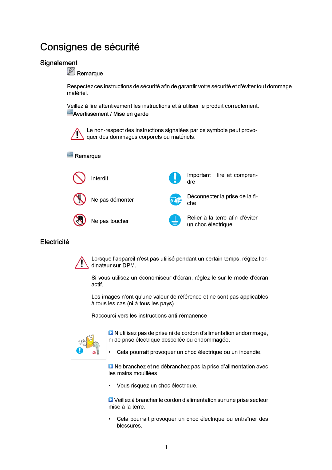 Samsung PH50KRPLBF/EN, PH63KRFLBX/EN, PH63KPFLBF/EN manual Signalement, Electricité, Remarque, Avertissement / Mise en garde 