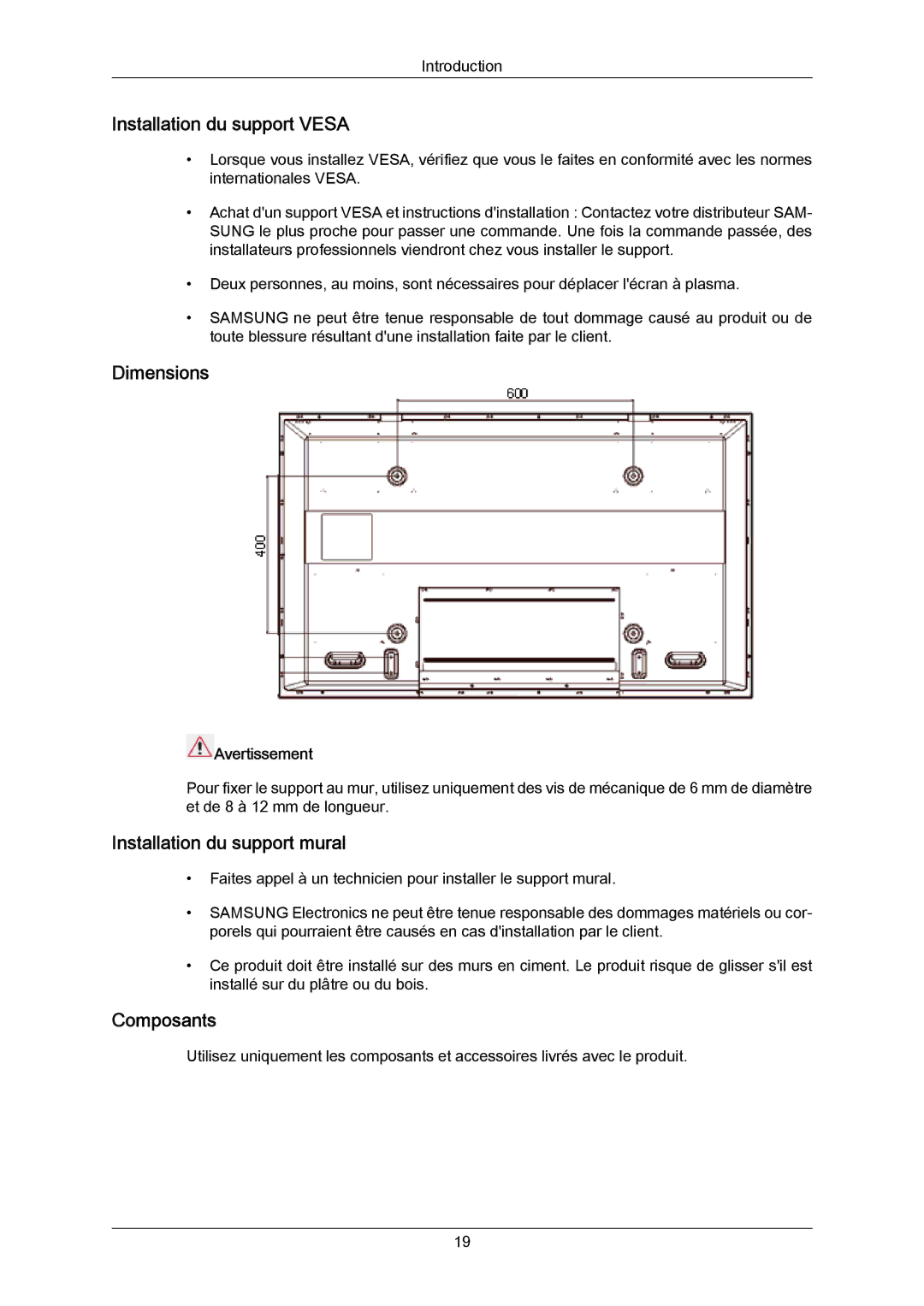 Samsung PH63KRFLBX/EN Installation du support Vesa, Dimensions, Installation du support mural, Composants, Avertissement 