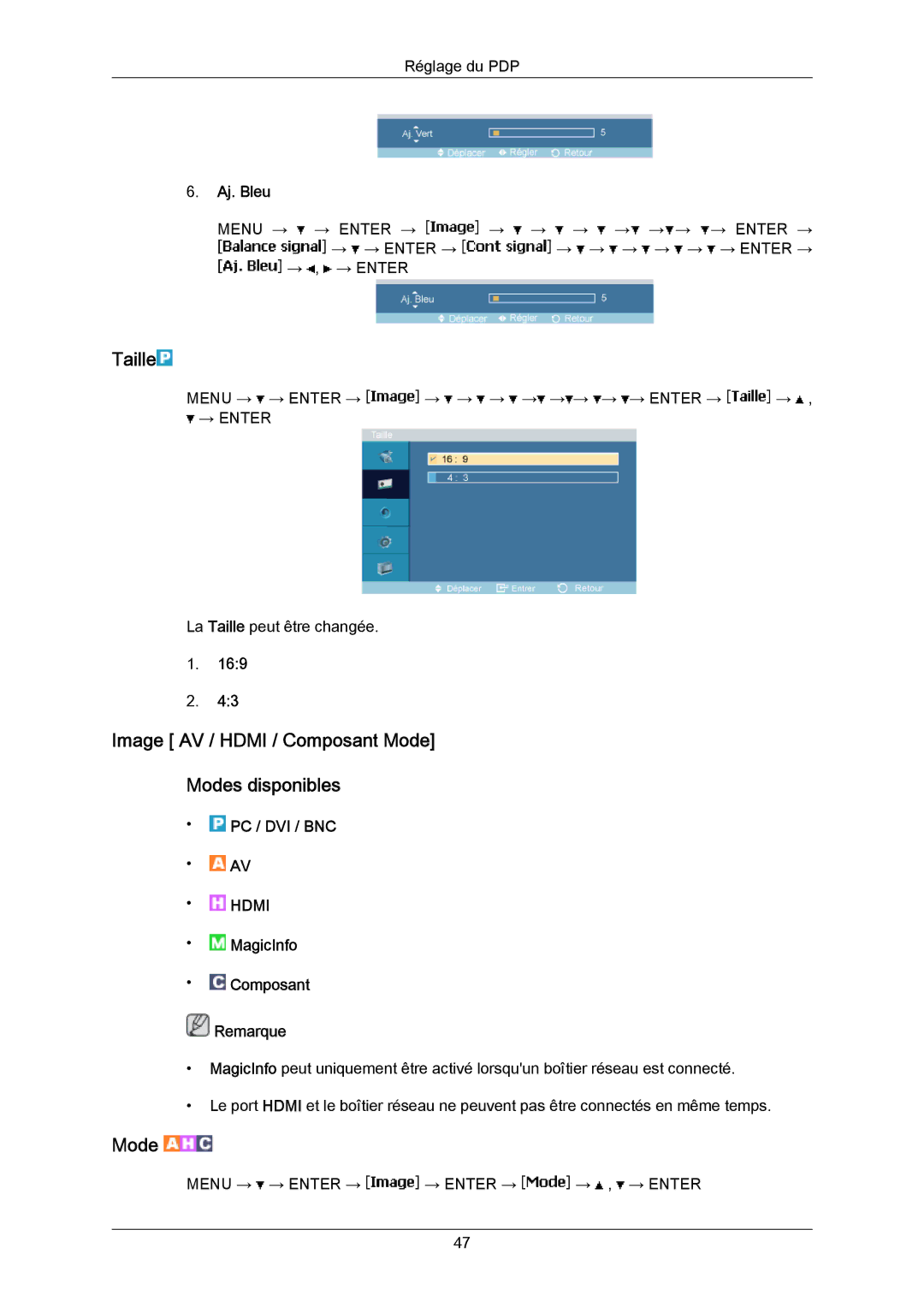 Samsung PH63KRFLBF/EN, PH63KRFLBX/EN, PH63KPFLBF/EN Taille, Image AV / Hdmi / Composant Mode Modes disponibles, Aj. Bleu 