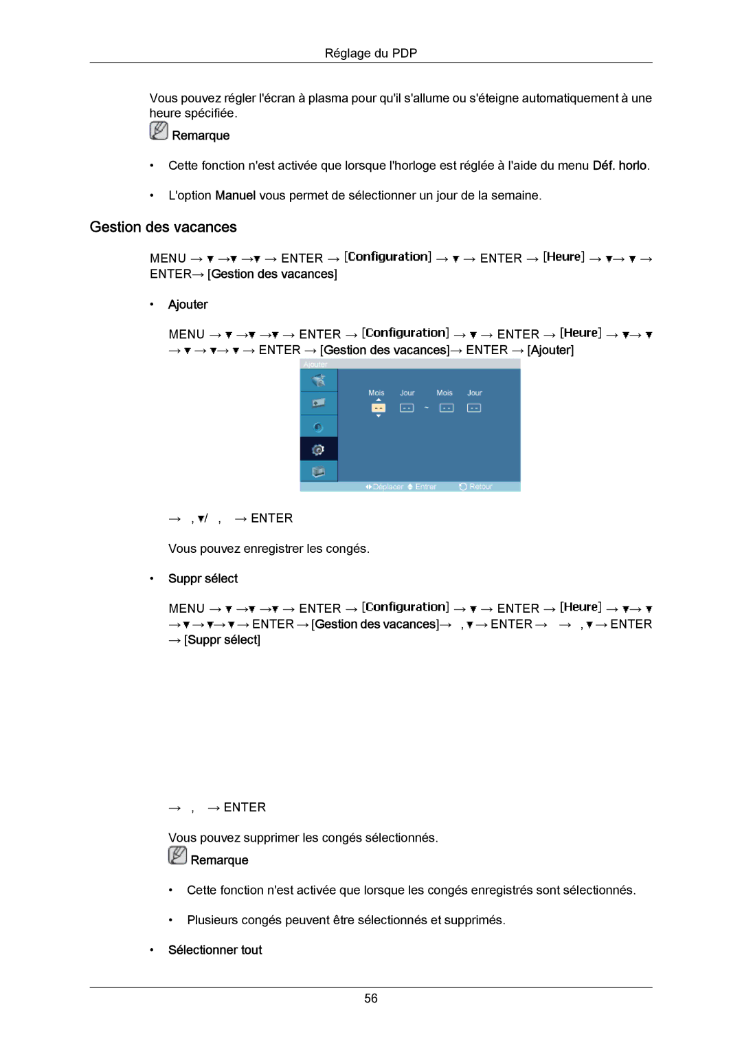 Samsung PH50KPPLBF/EN, PH63KRFLBX/EN, PH63KPFLBF/EN Gestion des vacances, Ajouter, → Suppr sélect, Sélectionner tout 