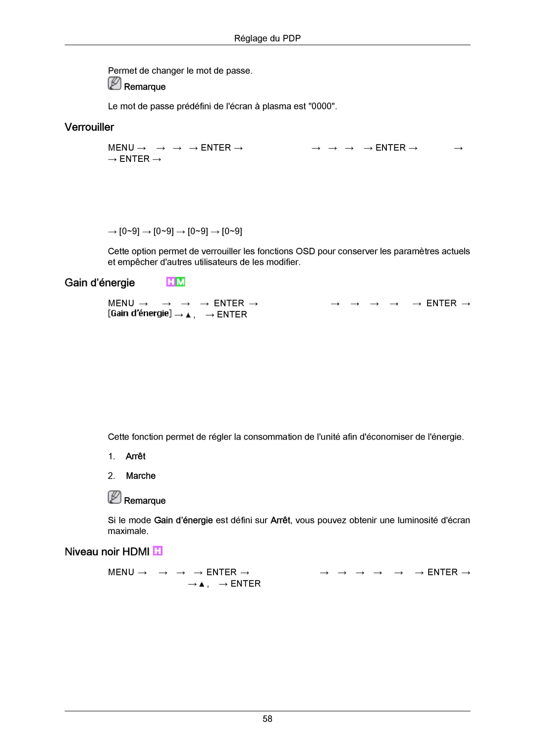 Samsung PH63KRFLBX/EN, PH63KPFLBF/EN, PH50KRPLBF/EN, PH50KPPLBF/EN manual Verrouiller, Gain d’énergie, Niveau noir Hdmi 