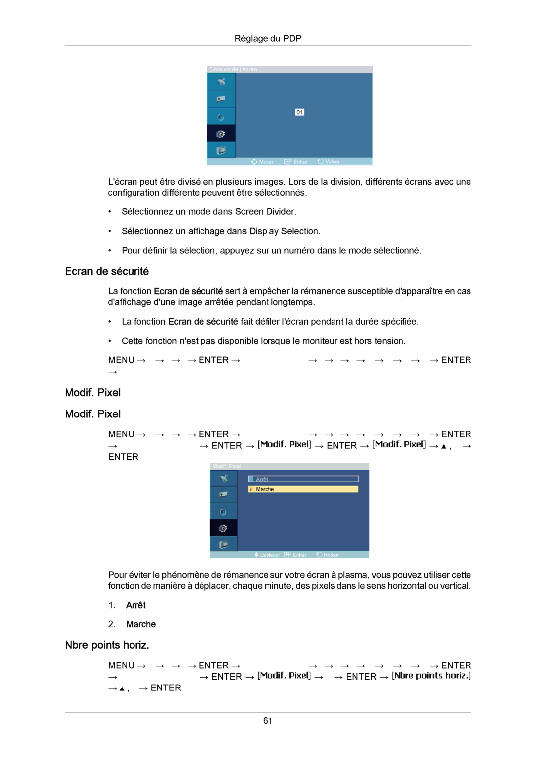 Samsung PH50KPPLBF/EN, PH63KRFLBX/EN, PH63KPFLBF/EN, PH50KRPLBF/EN manual Ecran de sécurité, Modif. Pixel, Nbre points horiz 