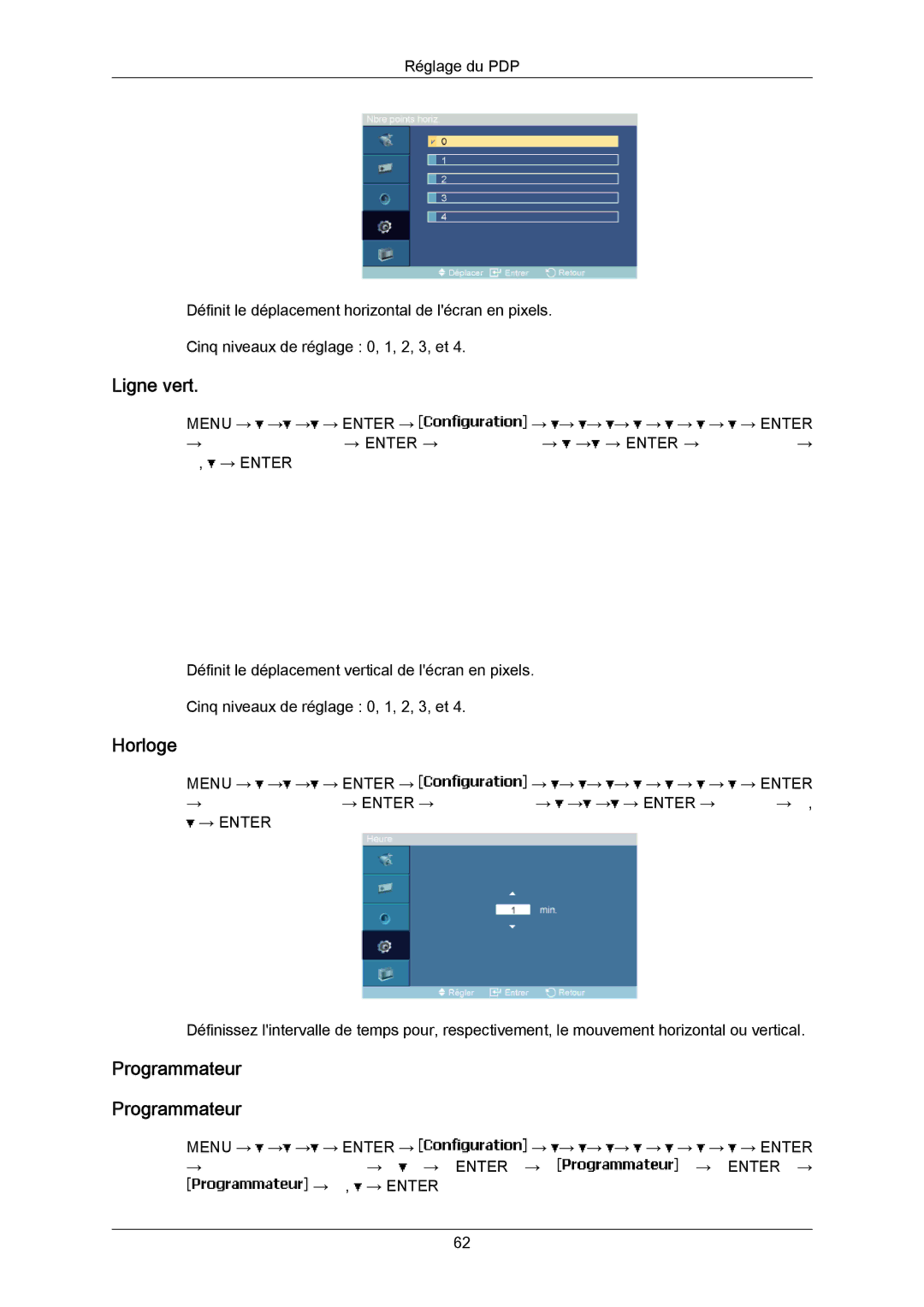 Samsung PH63KRFLBF/EN, PH63KRFLBX/EN, PH63KPFLBF/EN, PH50KRPLBF/EN, PH50KPPLBF/EN manual Ligne vert, Programmateur 