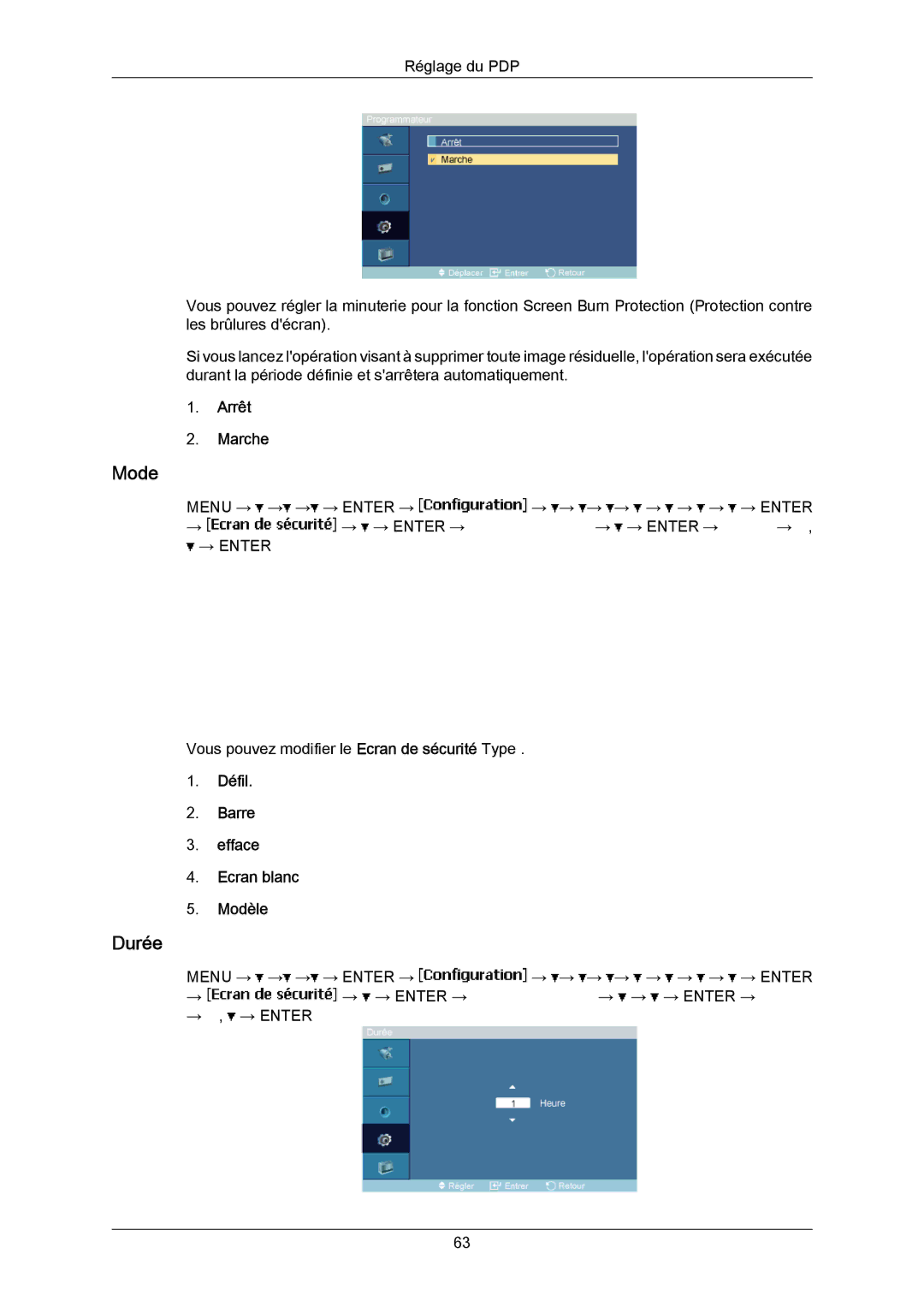 Samsung PH63KRFLBX/EN, PH63KPFLBF/EN, PH50KRPLBF/EN, PH50KPPLBF/EN manual Durée, Défil Barre Efface Ecran blanc Modèle 