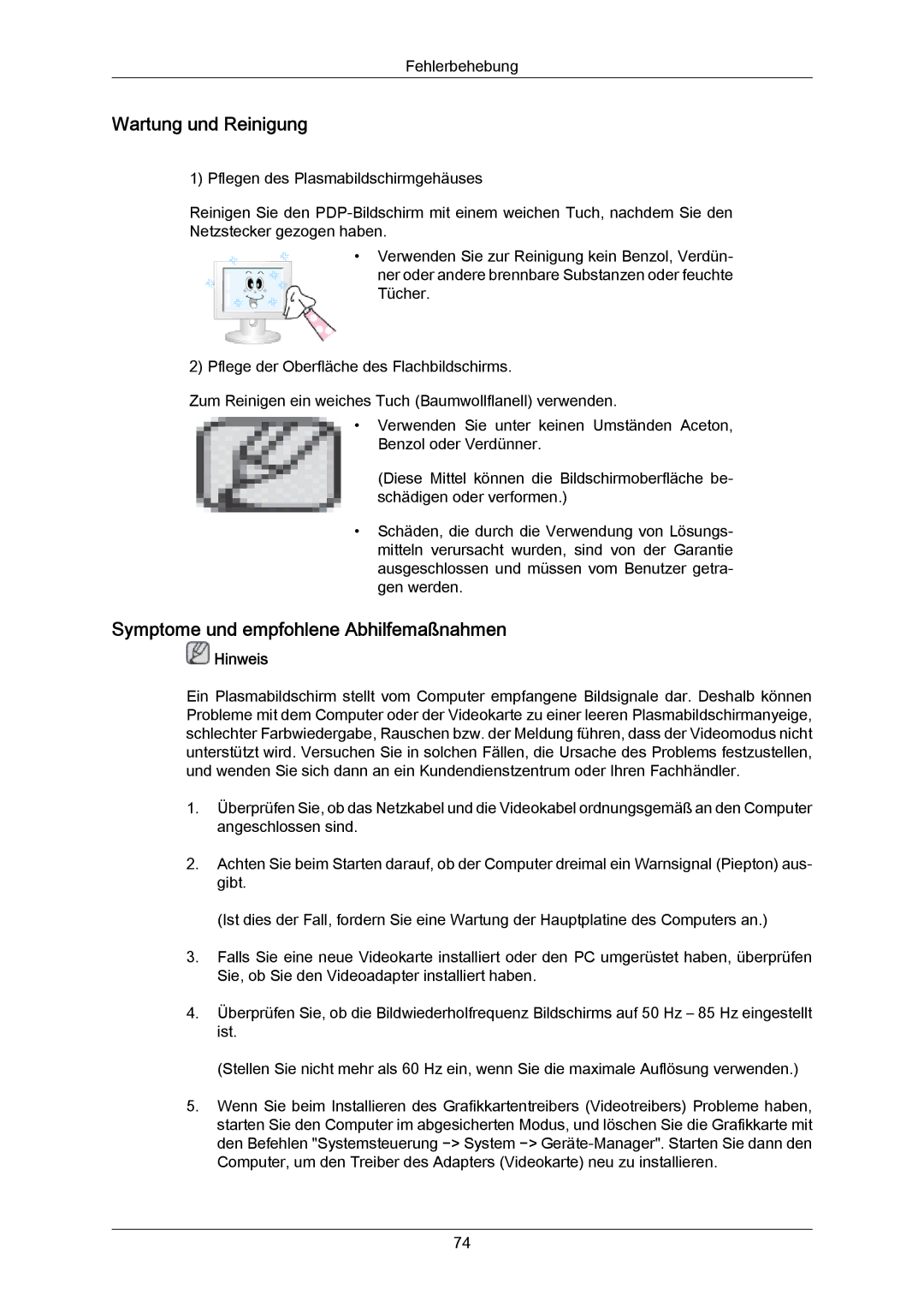 Samsung PH63KPFLBF/EN, PH63KRFLBX/EN, PH50KRPLBF/EN manual Wartung und Reinigung, Symptome und empfohlene Abhilfemaßnahmen 