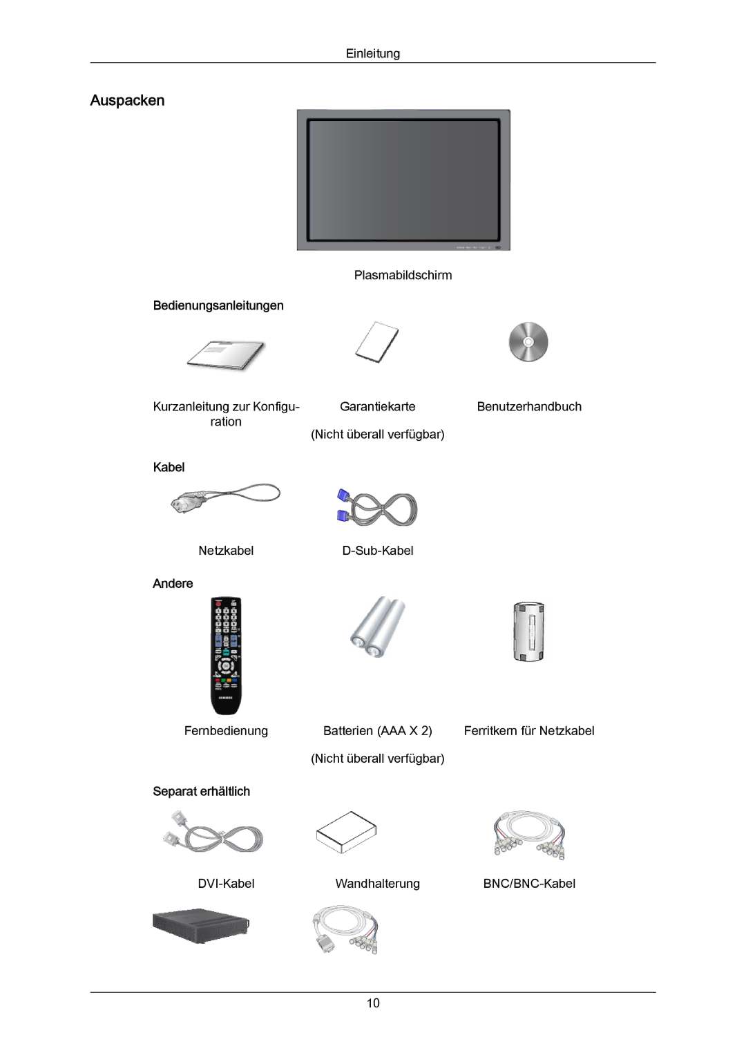 Samsung PH63KPFLBF/EN, PH63KRFLBX/EN, PH50KRPLBF/EN Auspacken, Bedienungsanleitungen, Kabel, Andere, Separat erhältlich 