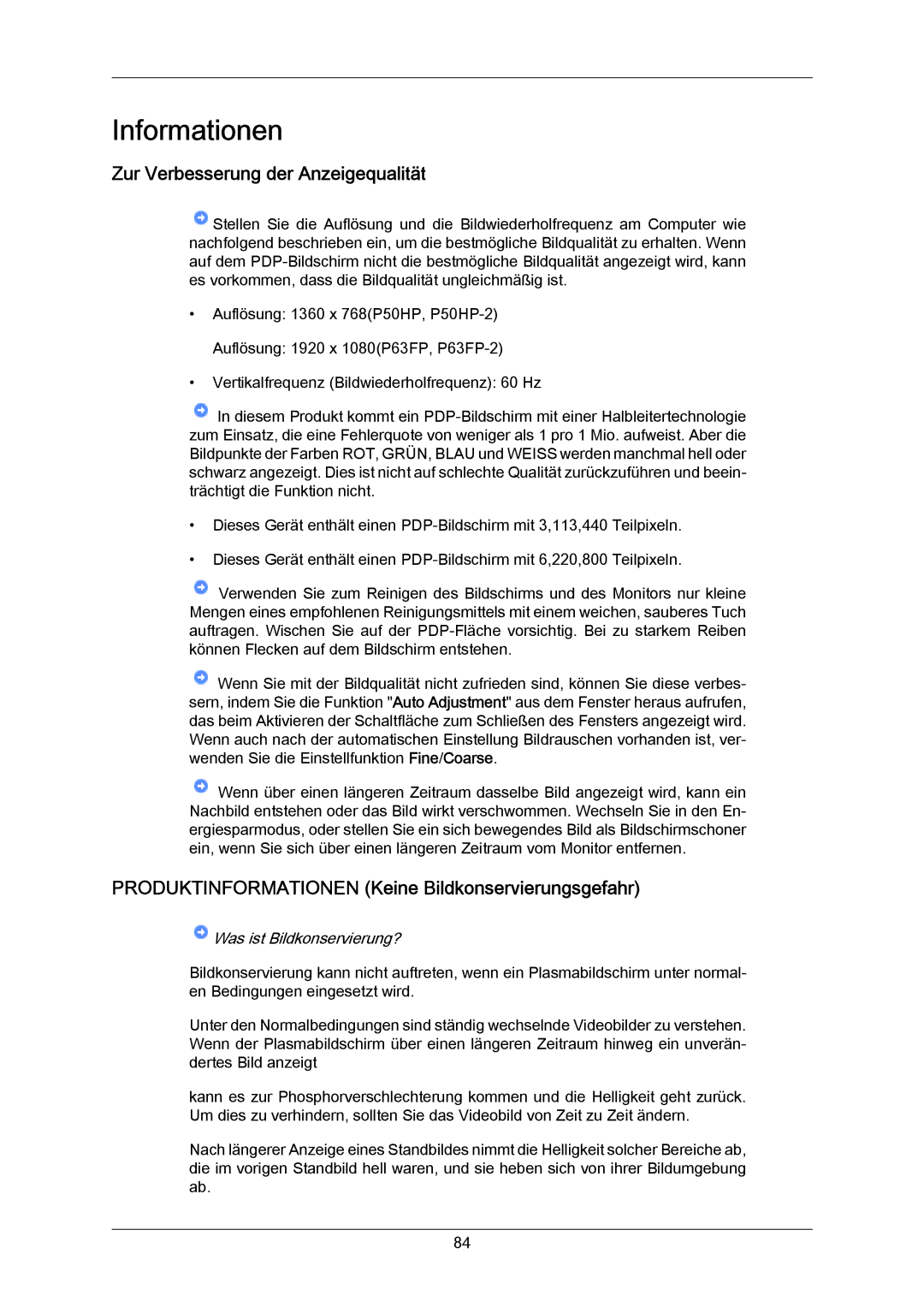 Samsung PH63KPFLBF/EN manual Zur Verbesserung der Anzeigequalität, Produktinformationen Keine Bildkonservierungsgefahr 