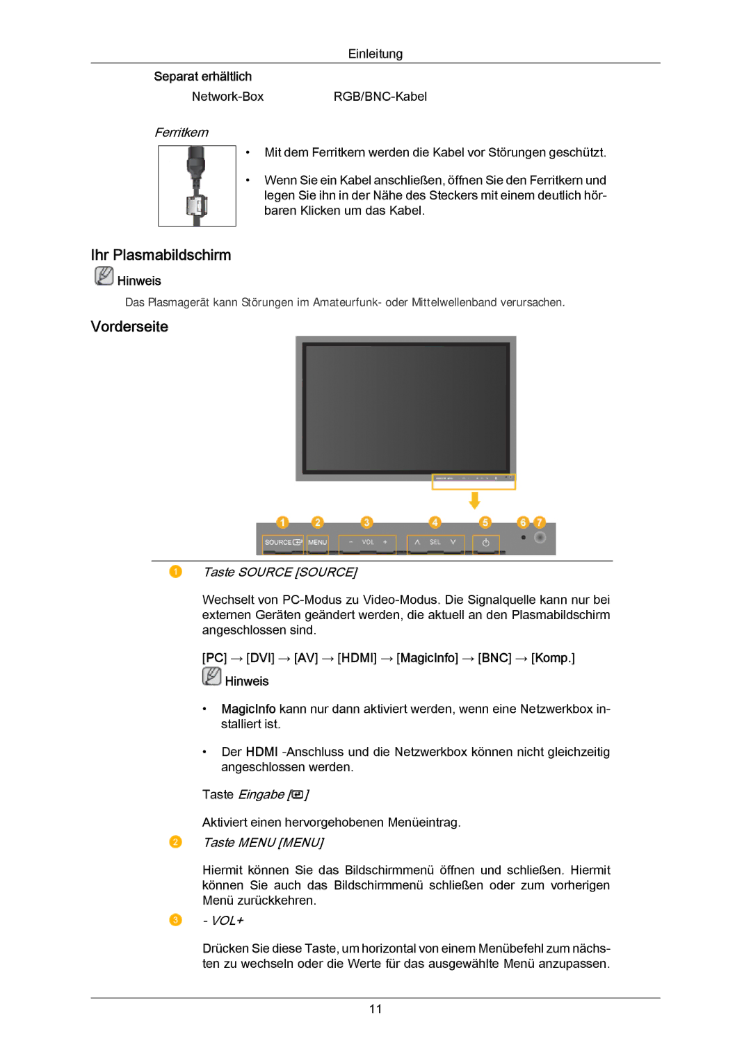 Samsung PH50KRPLBF/EN manual Ihr Plasmabildschirm, Vorderseite, PC → DVI → AV → Hdmi → MagicInfo → BNC → Komp Hinweis 