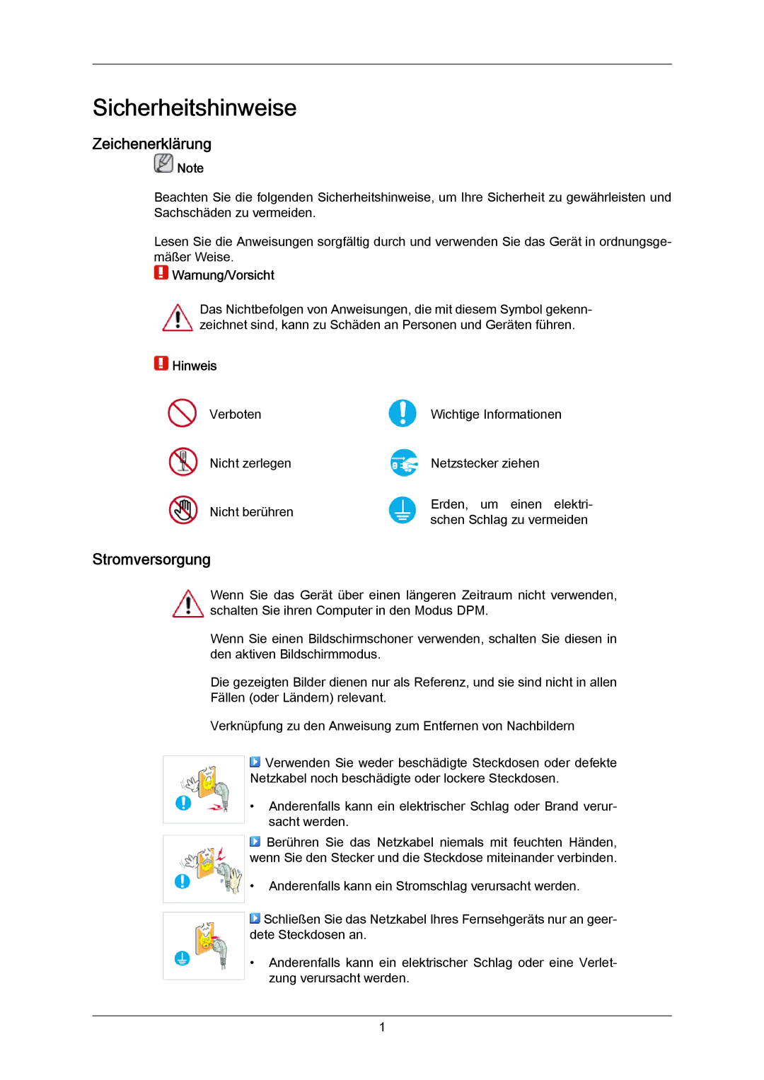 Samsung PH50KRPLBF/EN, PH63KRFLBX/EN, PH63KPFLBF/EN manual Zeichenerklärung, Stromversorgung, Warnung/Vorsicht, Hinweis 