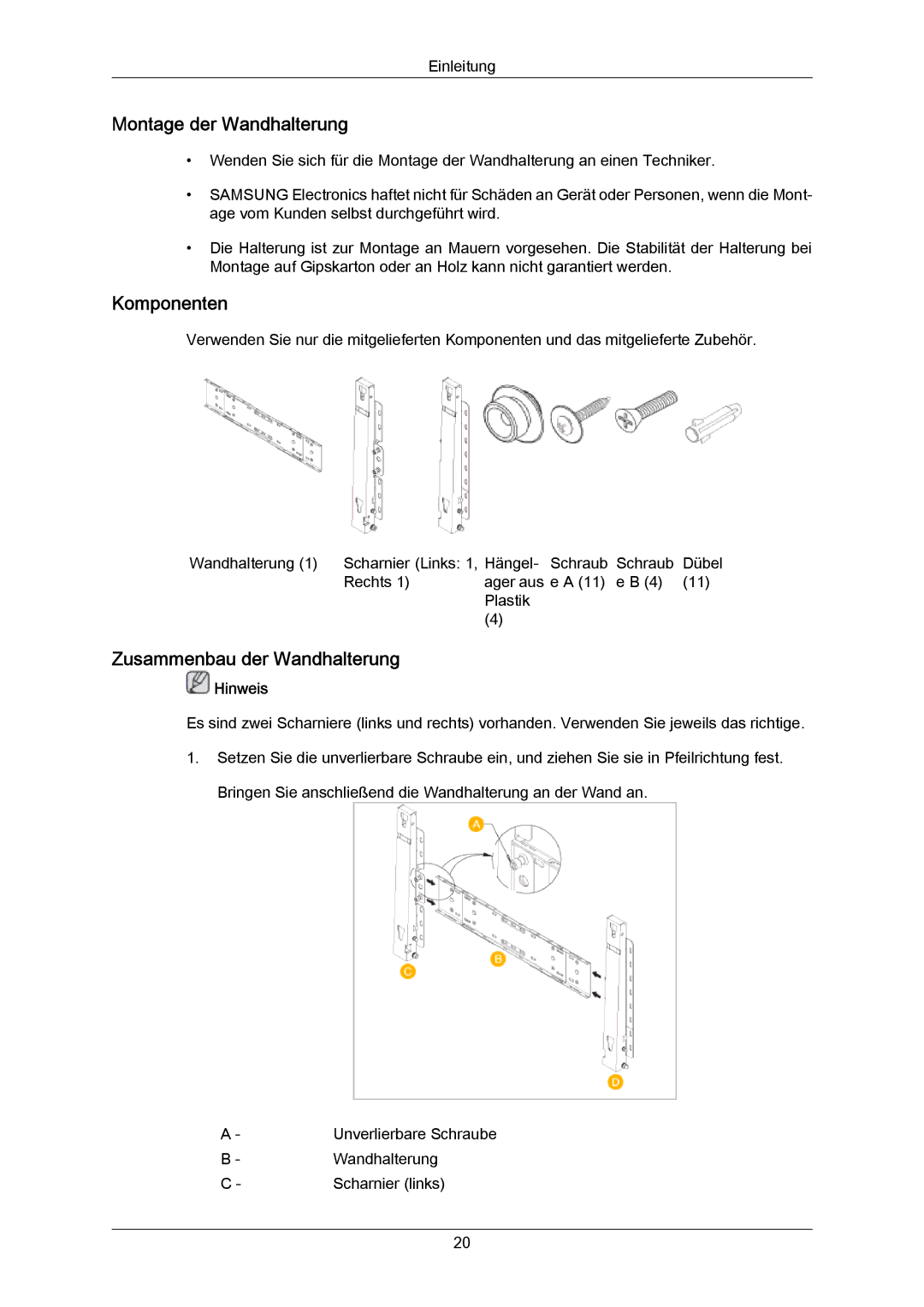 Samsung PH63KPFLBF/EN, PH63KRFLBX/EN, PH50KRPLBF/EN Montage der Wandhalterung, Komponenten, Zusammenbau der Wandhalterung 