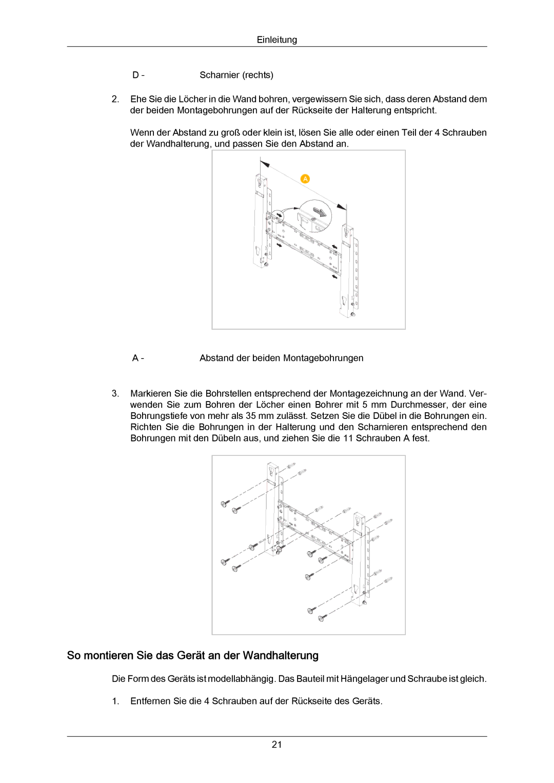 Samsung PH50KRPLBF/EN, PH63KRFLBX/EN, PH63KPFLBF/EN, PH50KPPLBF/EN manual So montieren Sie das Gerät an der Wandhalterung 