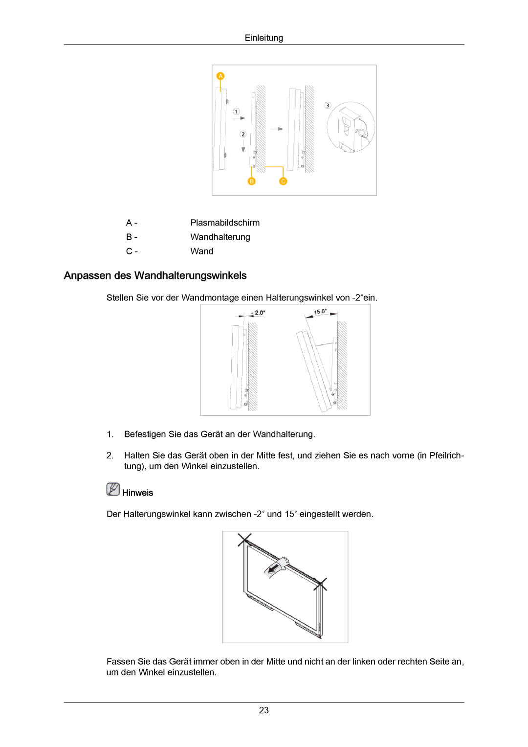 Samsung PH63KRFLBF/EN, PH63KRFLBX/EN, PH63KPFLBF/EN, PH50KRPLBF/EN, PH50KPPLBF/EN manual Anpassen des Wandhalterungswinkels 