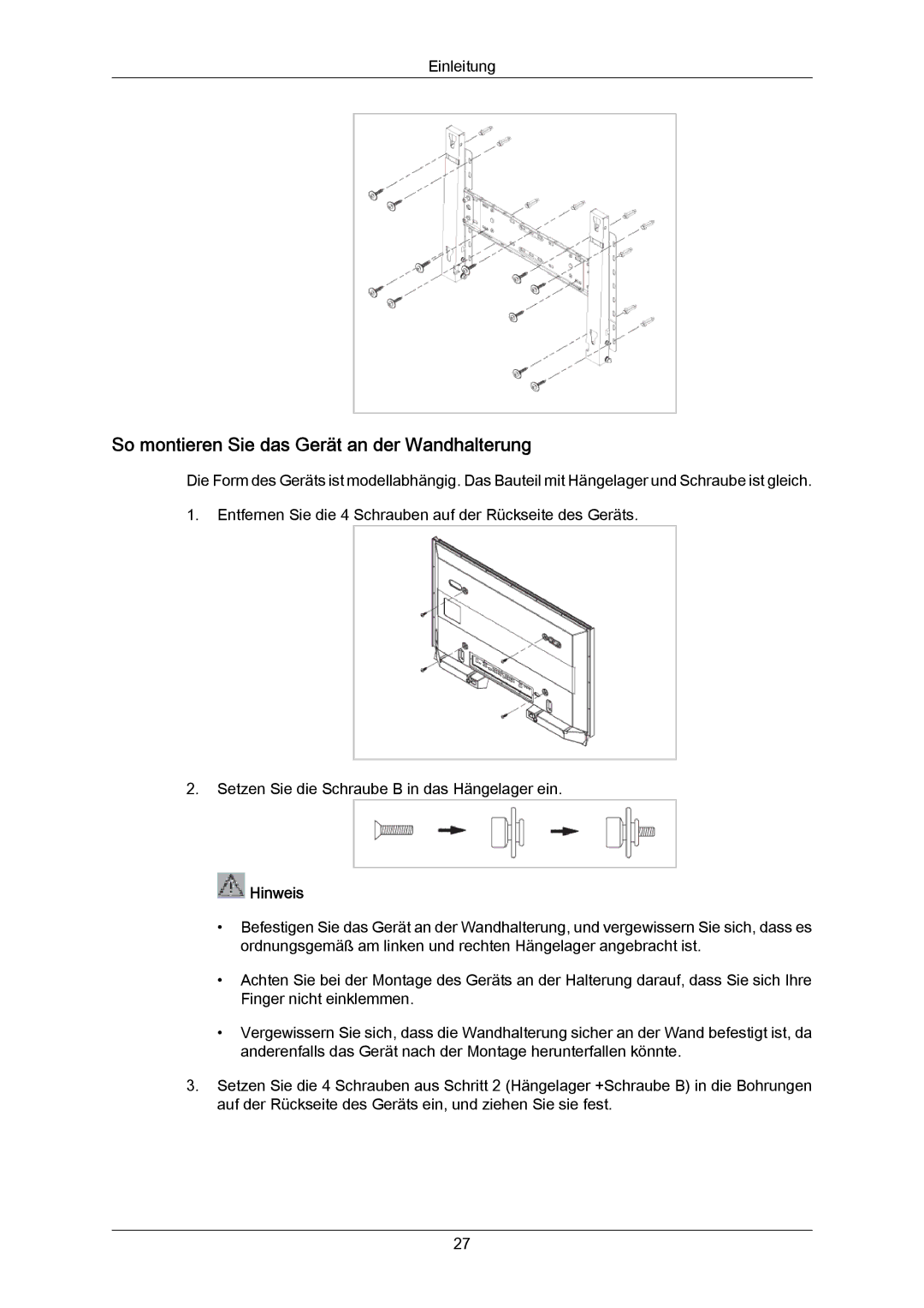 Samsung PH50KPPLBF/EN, PH63KRFLBX/EN, PH63KPFLBF/EN, PH50KRPLBF/EN manual So montieren Sie das Gerät an der Wandhalterung 