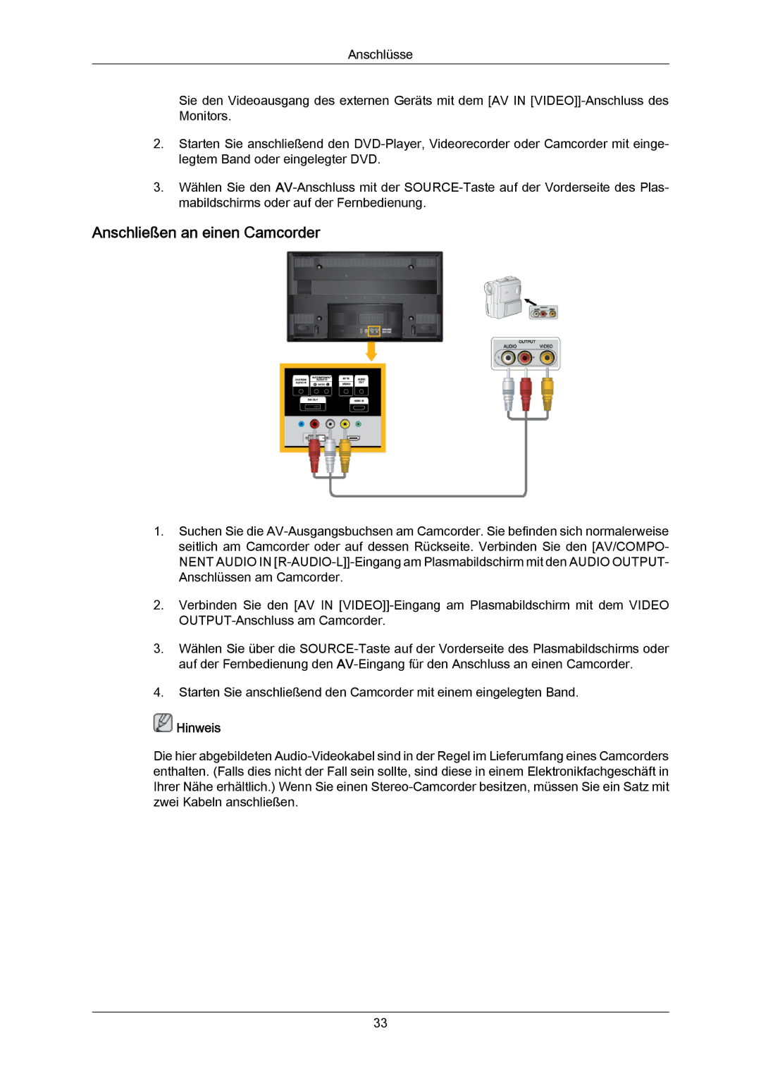 Samsung PH63KRFLBF/EN, PH63KRFLBX/EN, PH63KPFLBF/EN, PH50KRPLBF/EN, PH50KPPLBF/EN manual Anschließen an einen Camcorder 