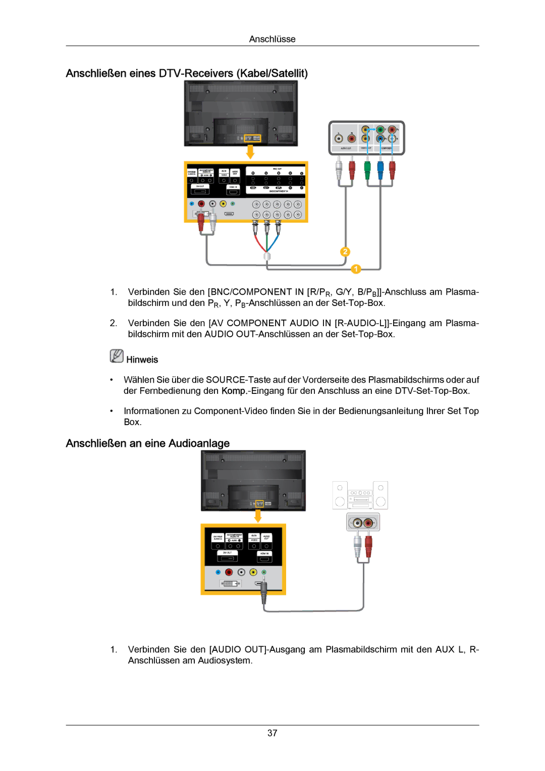 Samsung PH50KPPLBF/EN, PH63KRFLBX/EN manual Anschließen eines DTV-Receivers Kabel/Satellit, Anschließen an eine Audioanlage 