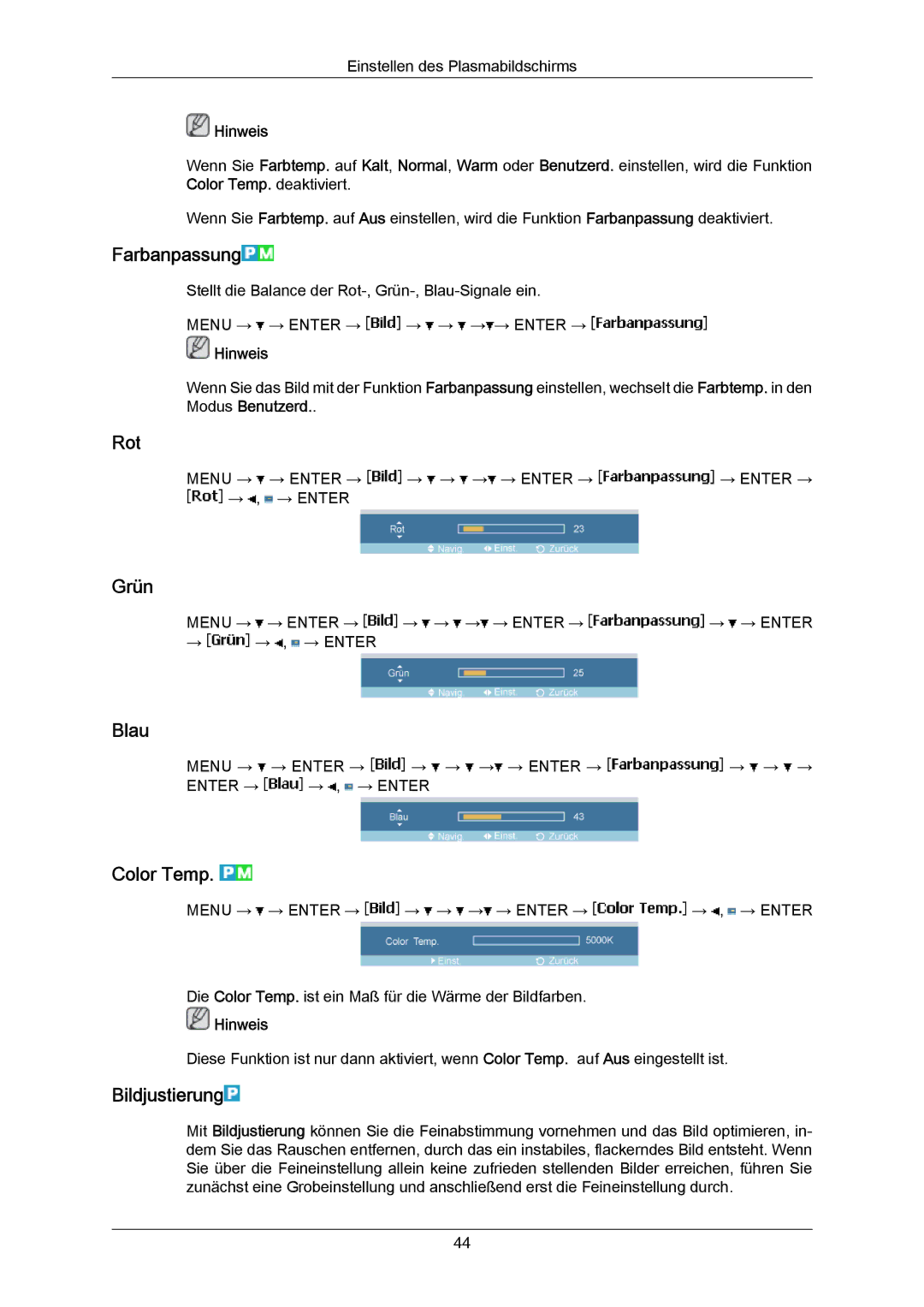 Samsung PH63KPFLBF/EN, PH63KRFLBX/EN, PH50KRPLBF/EN manual Farbanpassung, Rot, Grün, Blau, Color Temp, Bildjustierung 