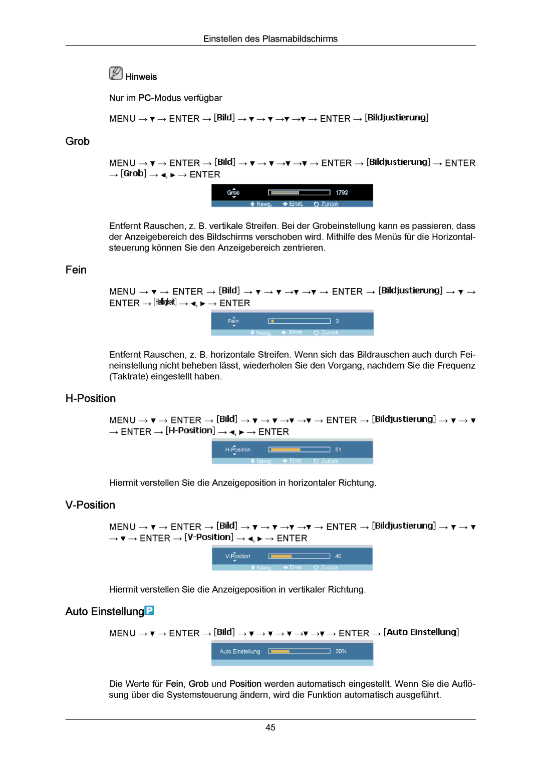 Samsung PH50KRPLBF/EN, PH63KRFLBX/EN, PH63KPFLBF/EN, PH50KPPLBF/EN, PH63KRFLBF/EN manual Grob, Fein, Position, Auto Einstellung 