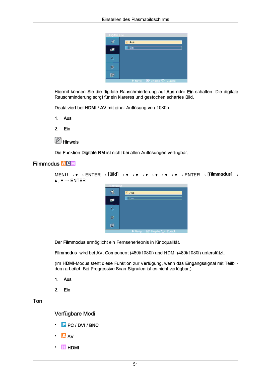 Samsung PH50KPPLBF/EN, PH63KRFLBX/EN, PH63KPFLBF/EN, PH50KRPLBF/EN manual Filmmodus, Ton Verfügbare Modi, Aus Ein Hinweis 