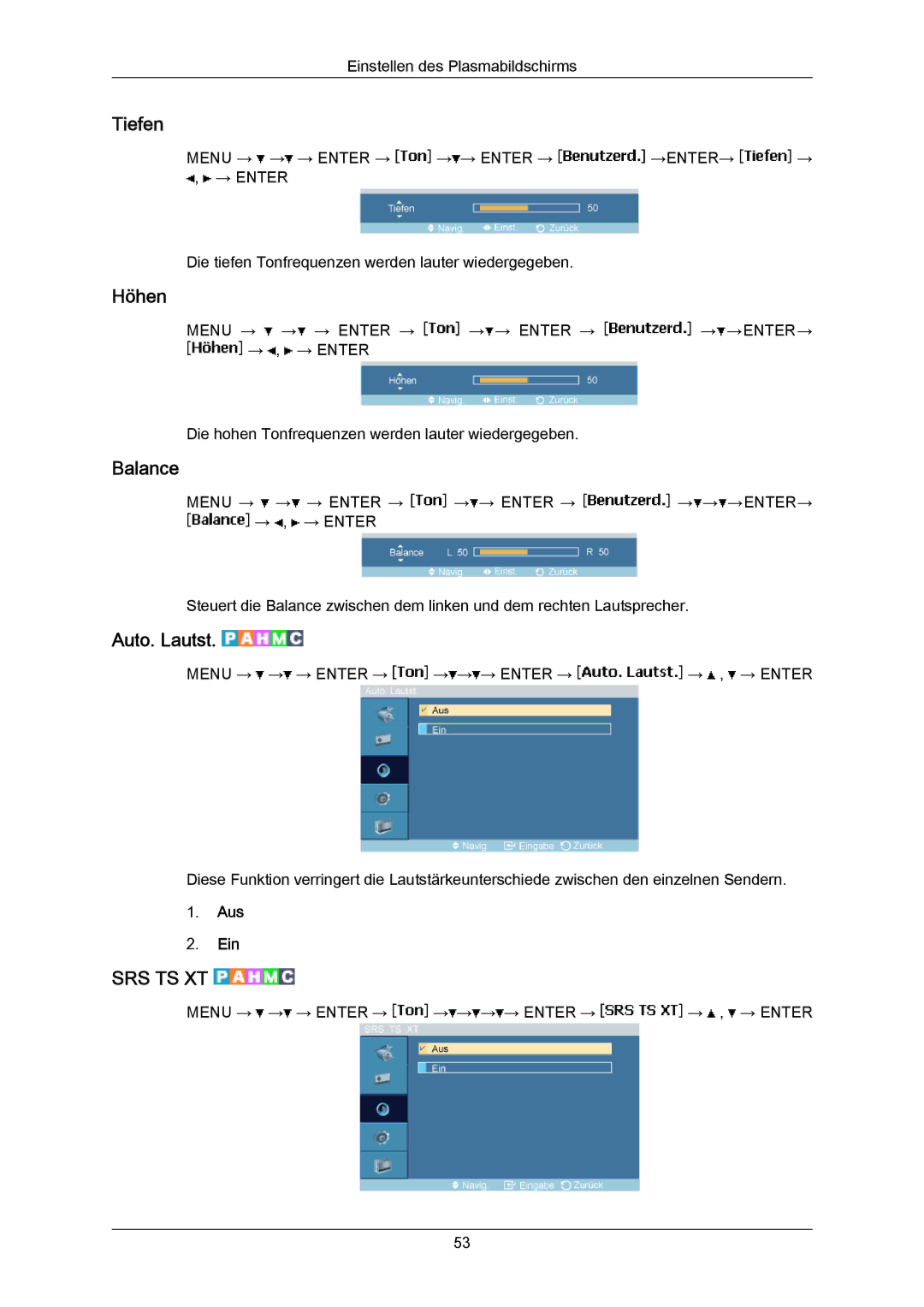 Samsung PH63KRFLBX/EN, PH63KPFLBF/EN, PH50KRPLBF/EN, PH50KPPLBF/EN, PH63KRFLBF/EN manual Tiefen, Höhen, Balance, Auto. Lautst 