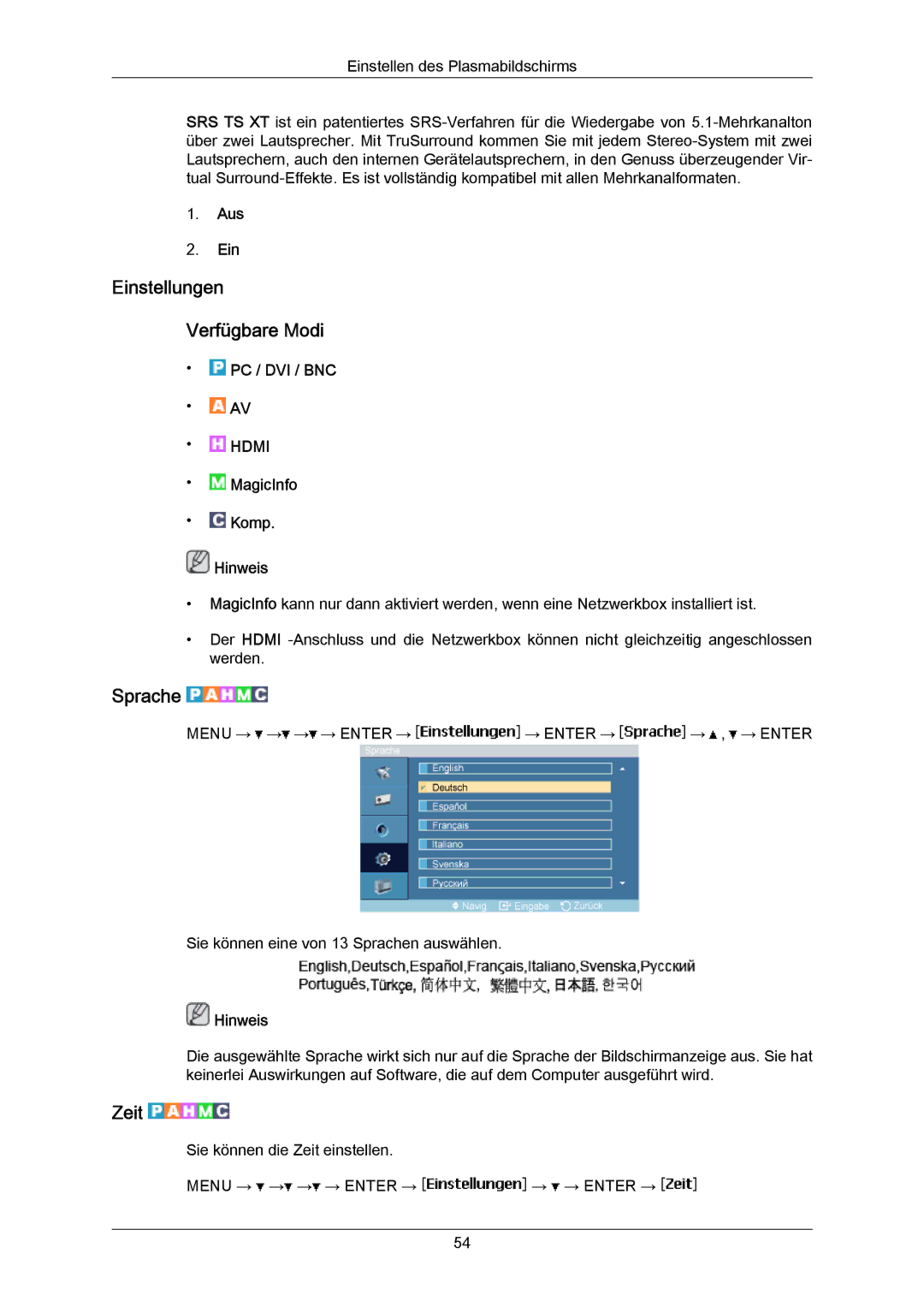 Samsung PH63KPFLBF/EN, PH63KRFLBX/EN, PH50KRPLBF/EN, PH50KPPLBF/EN manual Einstellungen Verfügbare Modi, Sprache, Zeit 