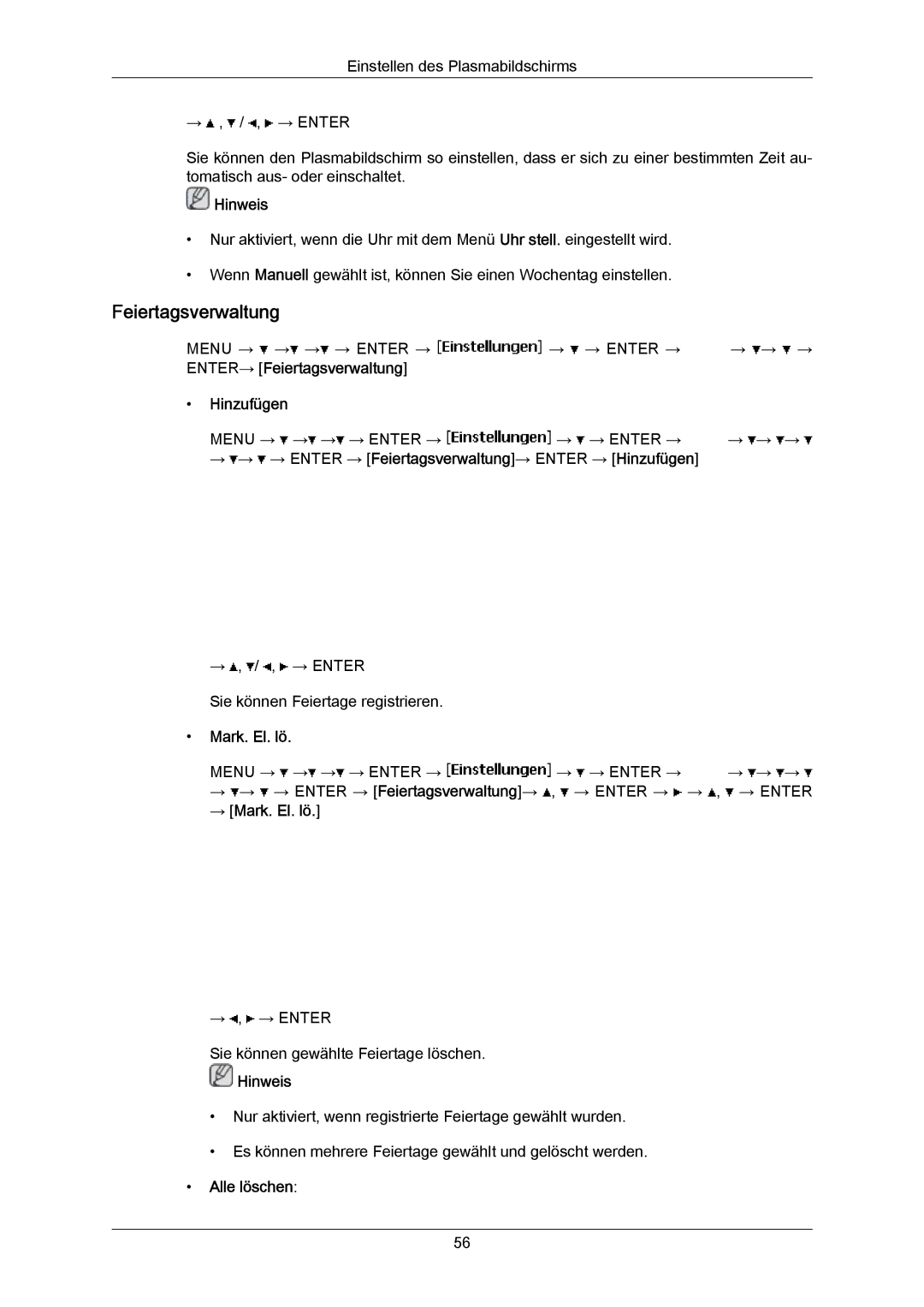 Samsung PH50KPPLBF/EN, PH63KRFLBX/EN, PH63KPFLBF/EN manual Feiertagsverwaltung, Hinzufügen, → Mark. El. lö, Alle löschen 