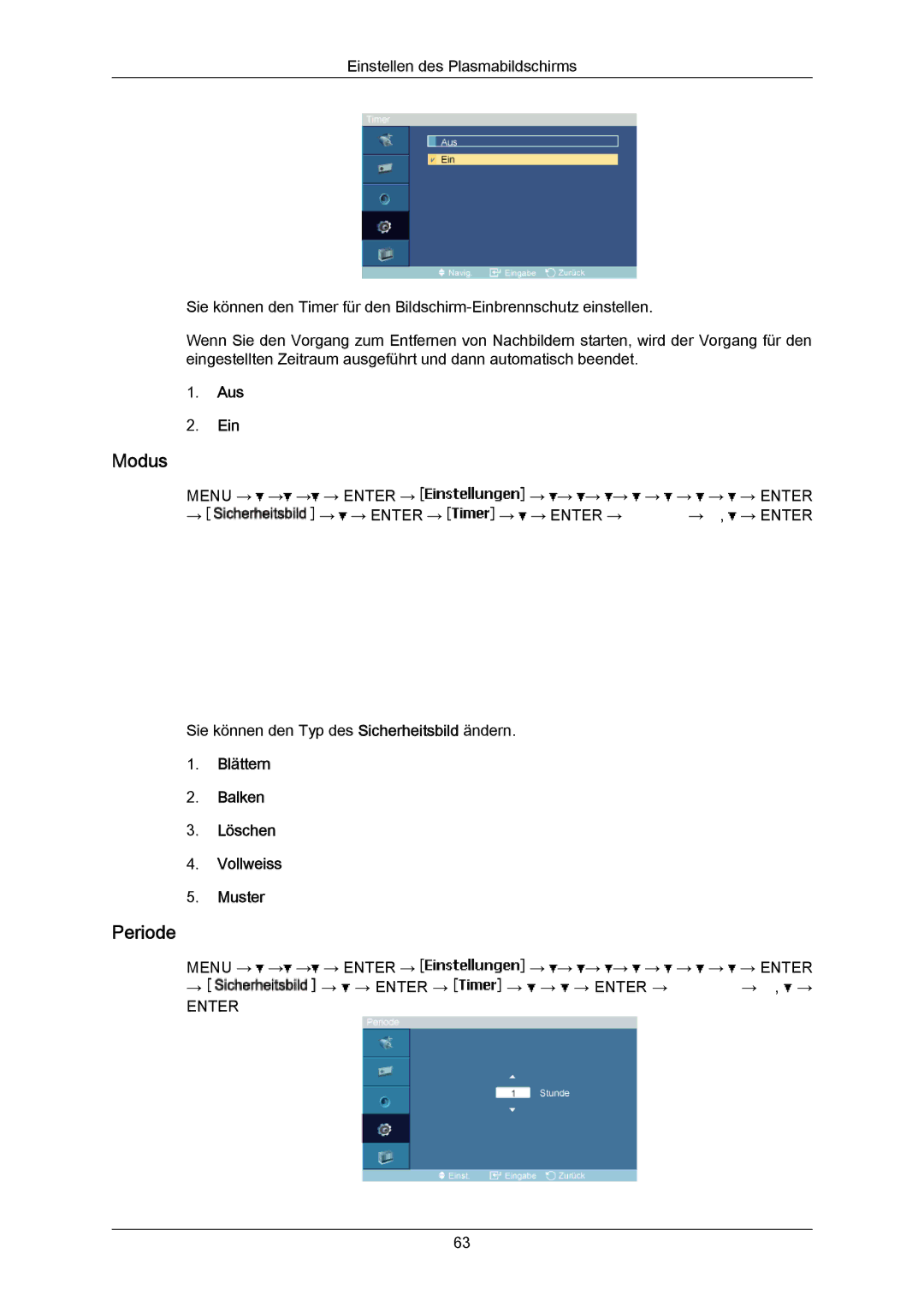 Samsung PH63KRFLBX/EN, PH63KPFLBF/EN, PH50KRPLBF/EN, PH50KPPLBF/EN manual Periode, Blättern Balken Löschen Vollweiss Muster 