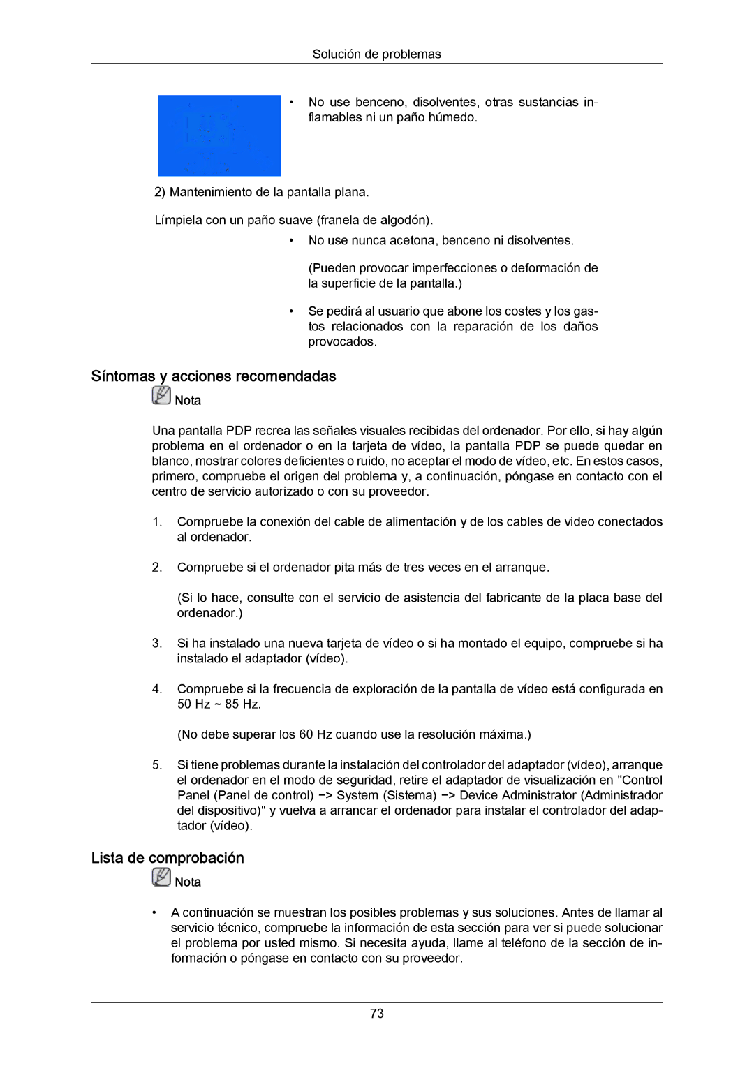 Samsung PH63KRFLBX/EN, PH63KPFLBF/EN, PH50KRPLBF/EN, PH50KPPLBF/EN Síntomas y acciones recomendadas, Lista de comprobación 