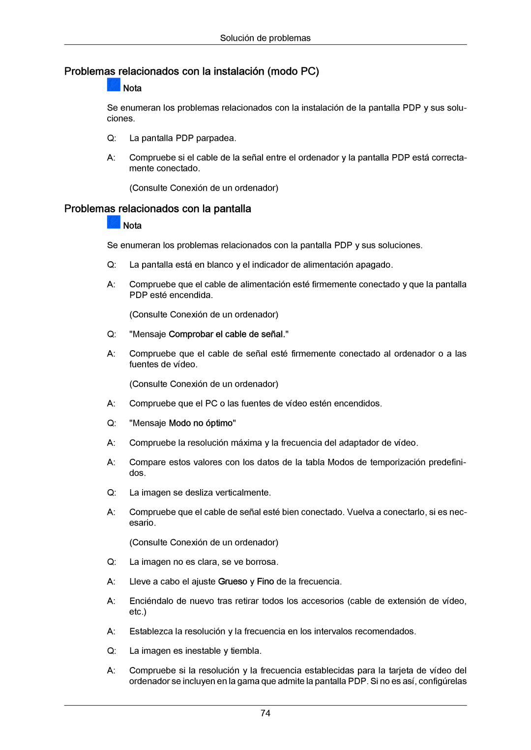 Samsung PH63KPFLBF/EN manual Problemas relacionados con la instalación modo PC, Problemas relacionados con la pantalla 