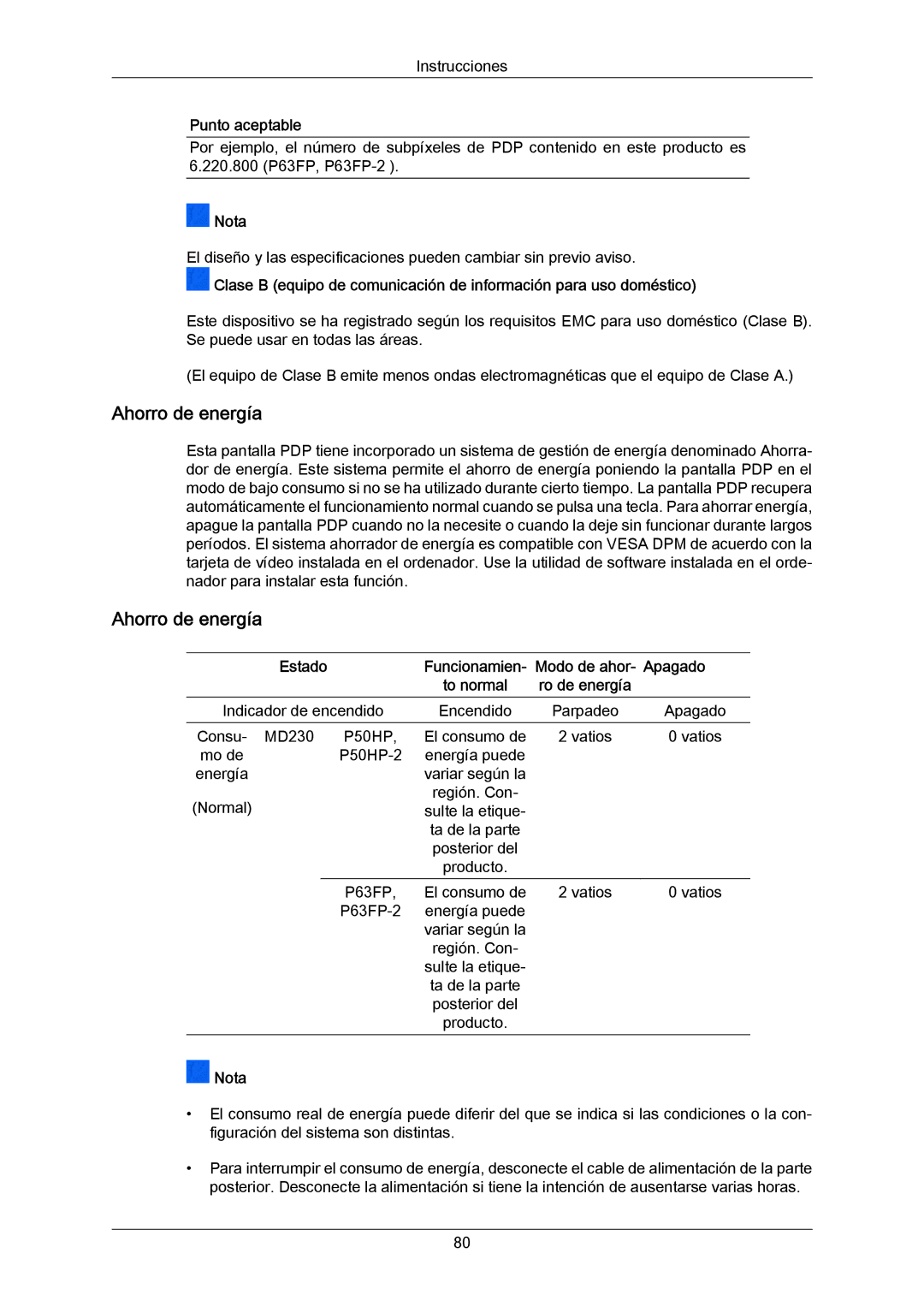 Samsung PH50KRPLBF/EN, PH63KRFLBX/EN, PH63KPFLBF/EN, PH50KPPLBF/EN Ahorro de energía, Funcionamien- Modo de ahor- Apagado 