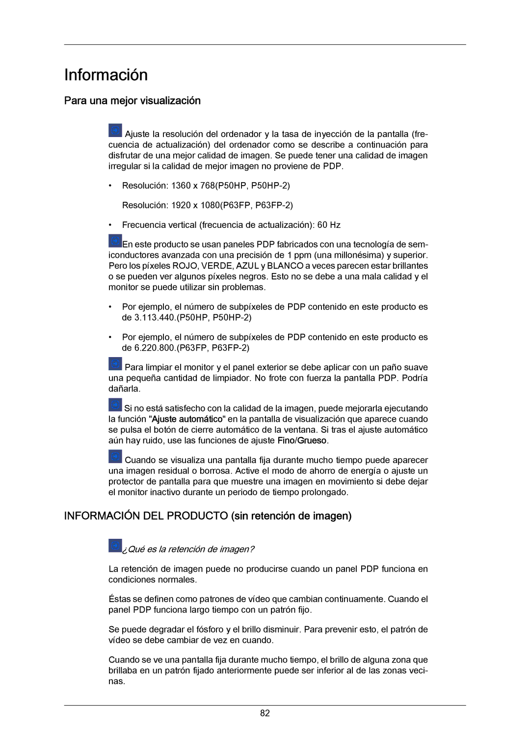 Samsung PH63KRFLBF/EN, PH63KRFLBX/EN manual Para una mejor visualización, Información DEL Producto sin retención de imagen 