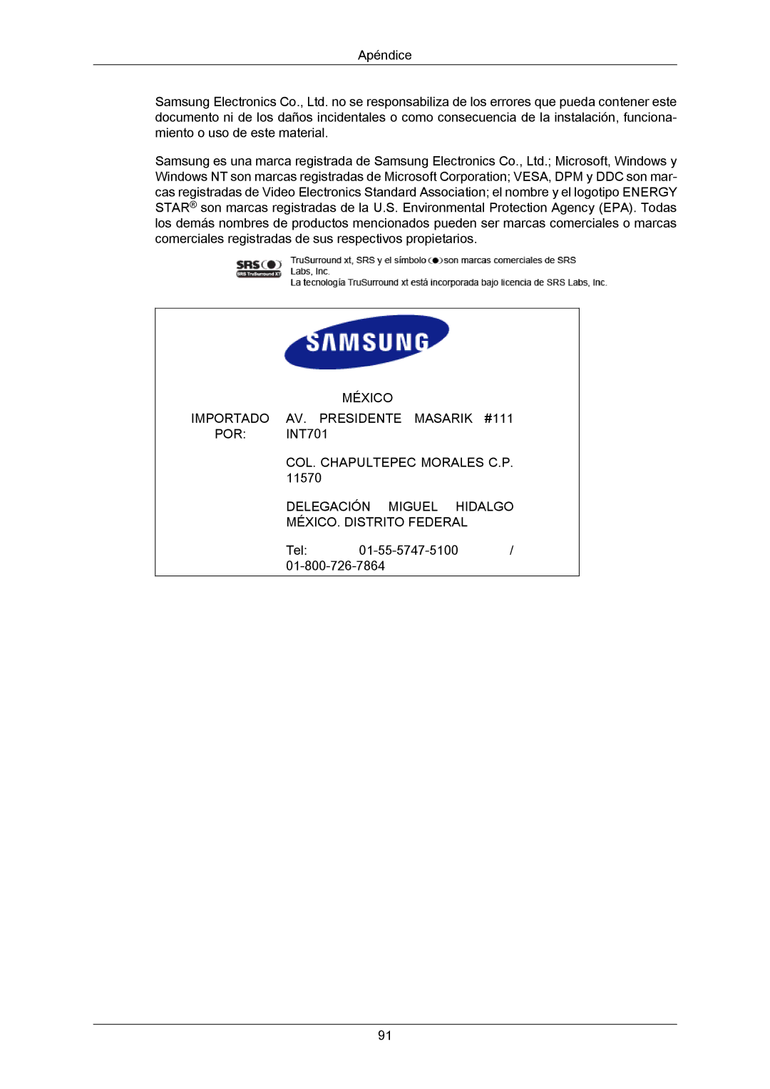 Samsung PH50KPPLBF/EN, PH63KRFLBX/EN, PH63KPFLBF/EN, PH50KRPLBF/EN, PH63KRFLBF/EN manual Tel 01-55-5747-5100 01-800-726-7864 