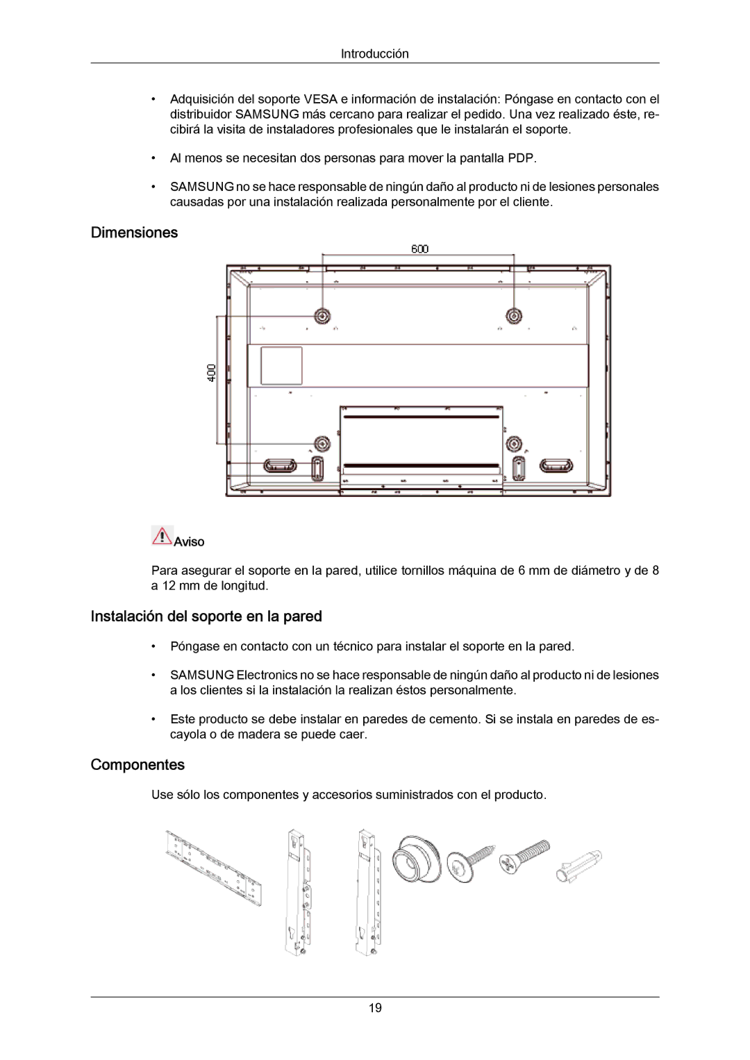 Samsung PH63KRFLBX/EN, PH63KPFLBF/EN, PH50KRPLBF/EN Dimensiones, Instalación del soporte en la pared, Componentes, Aviso 