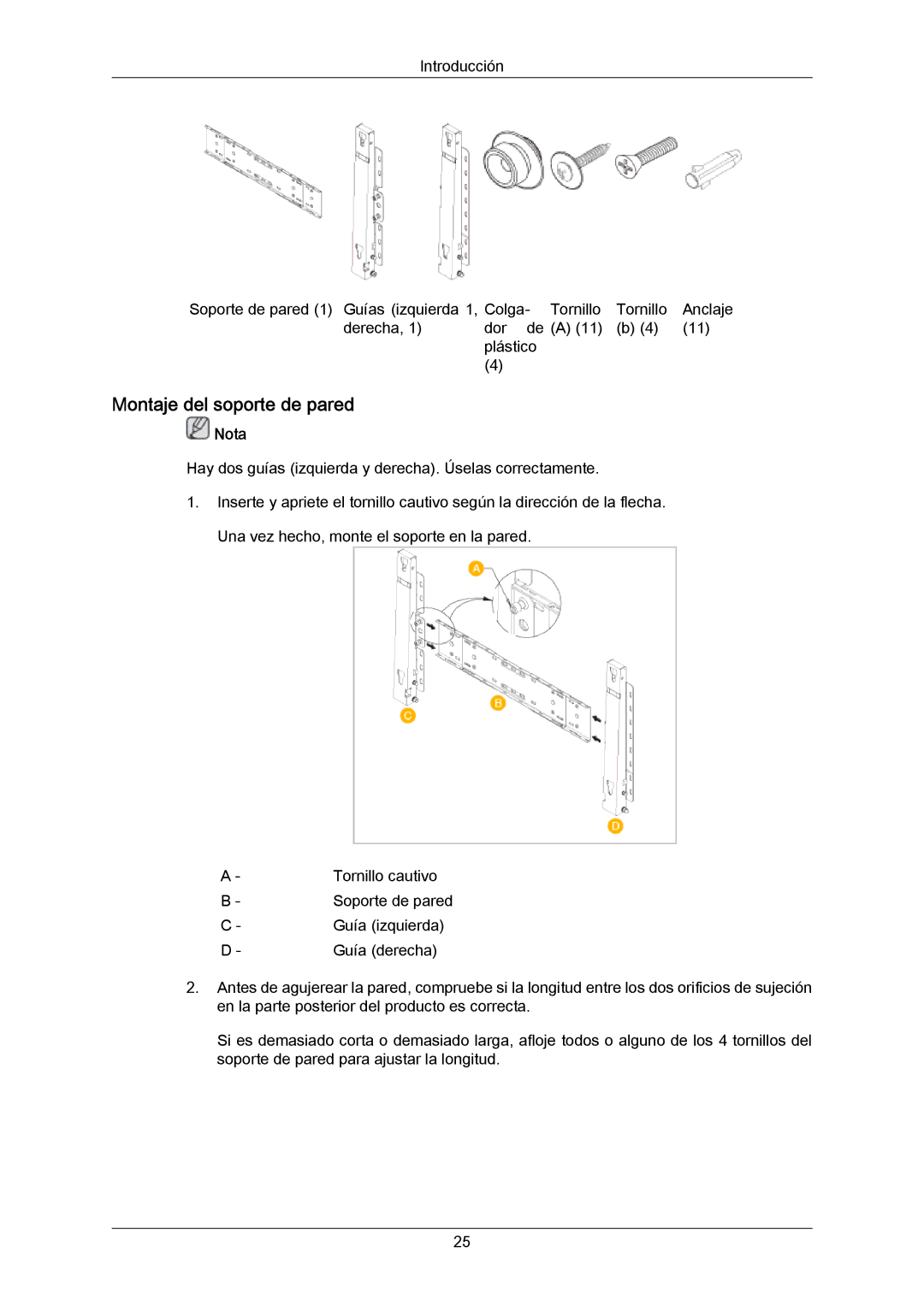 Samsung PH63KPFLBF/EN, PH63KRFLBX/EN, PH50KRPLBF/EN, PH50KPPLBF/EN, PH63KRFLBF/EN manual Montaje del soporte de pared 