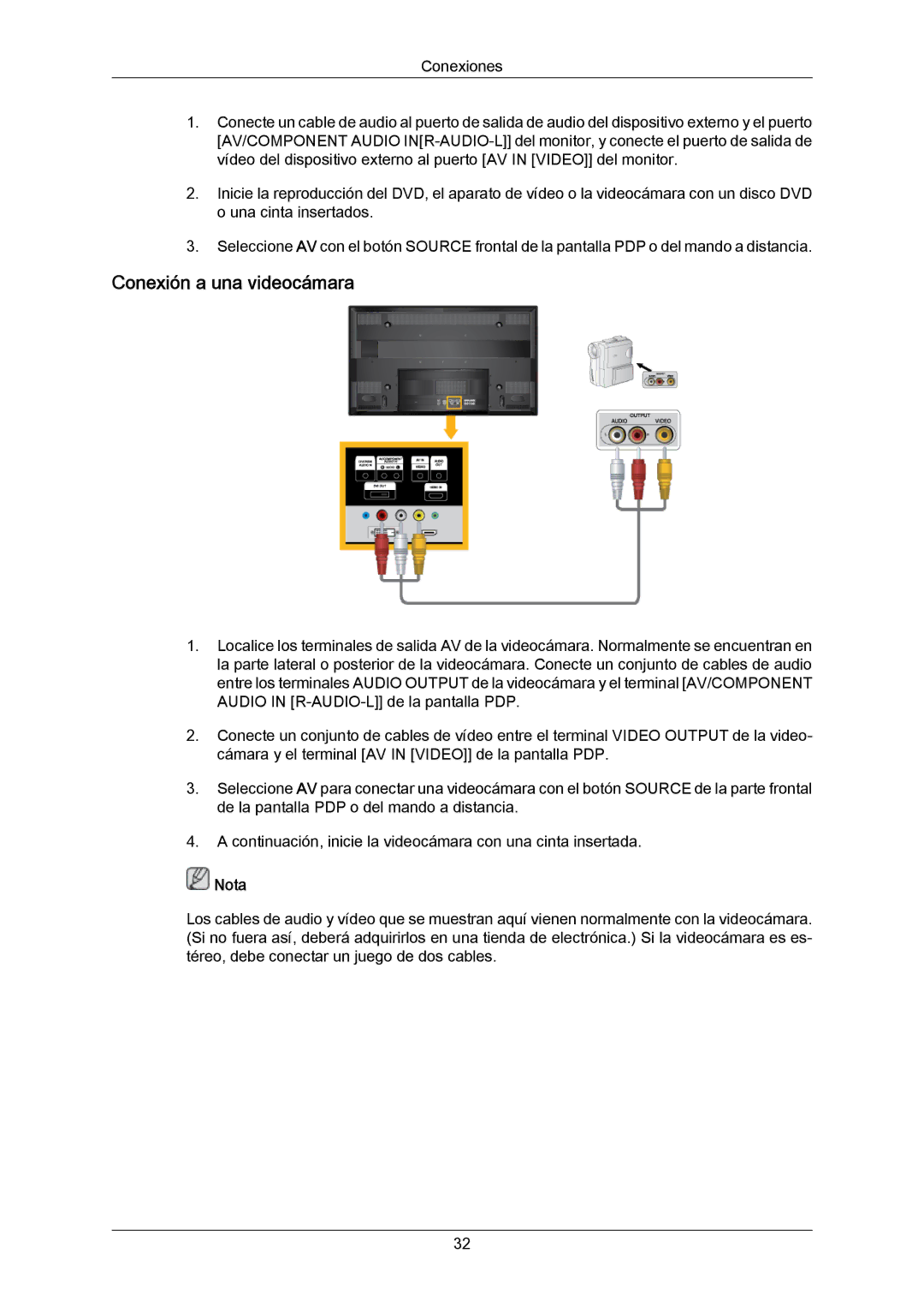 Samsung PH50KPPLBF/EN, PH63KRFLBX/EN, PH63KPFLBF/EN, PH50KRPLBF/EN, PH63KRFLBF/EN manual Conexión a una videocámara 